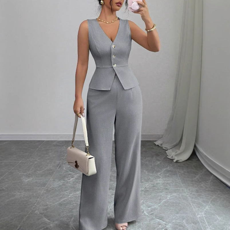 A two-piece set of solid color sleeveless slimming waistcoat and high-waisted trousers for women's clothing