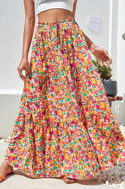 Printed Elastic Waist Maxi Skirt-[Adult]-[Female]-Floral-S-2022 Online Blue Zone Planet