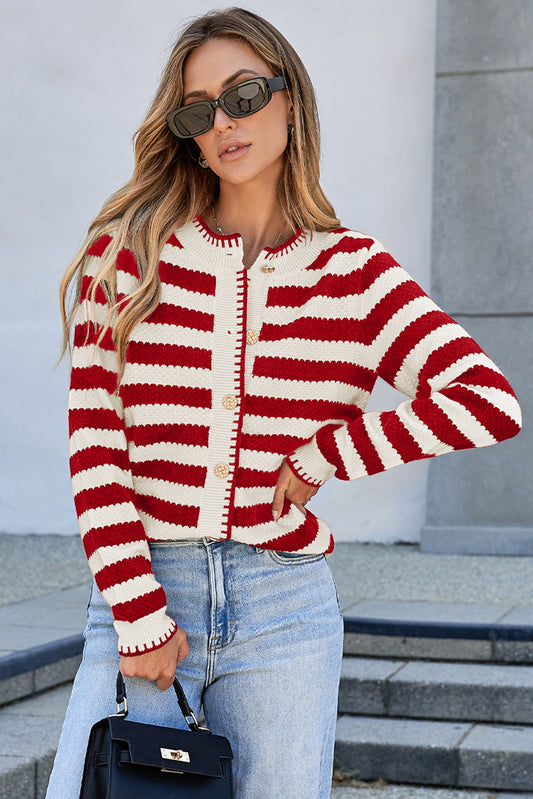Red Stripe Chic Golden Button Cardigan Sweater-TOPS / DRESSES-[Adult]-[Female]-Red Stripe-S-2022 Online Blue Zone Planet