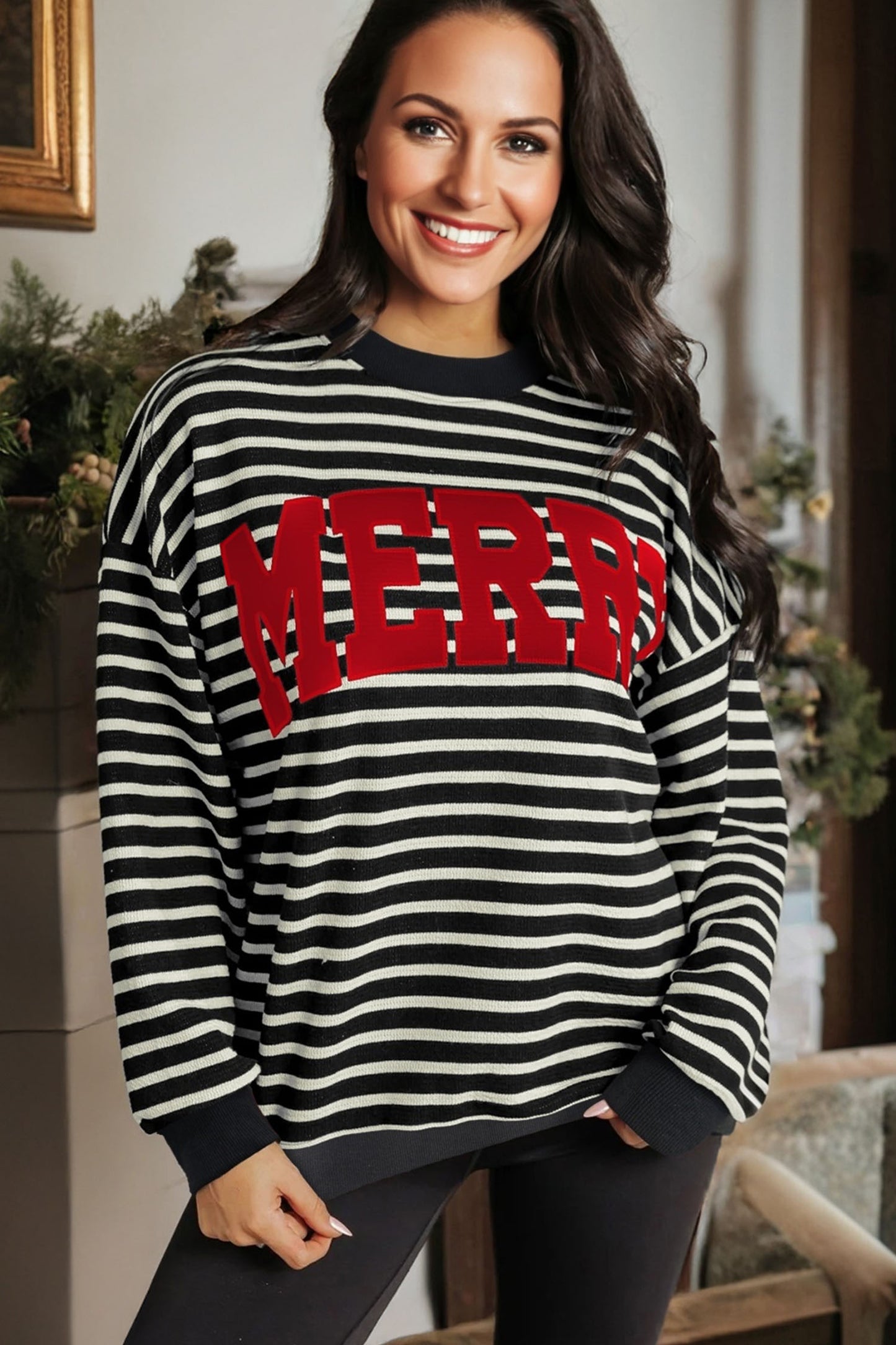 Black Stripe Contrast MERRY Letter Christmas Print Drop Shoulder Sweatshirt-Tops/Sweatshirts & Hoodies-[Adult]-[Female]-2022 Online Blue Zone Planet