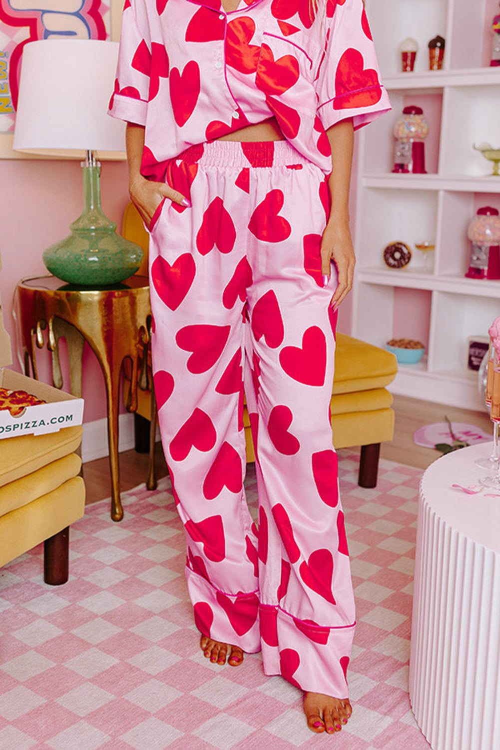 Pink Classic Heart Valentines Short Sleeve Pants Pajamas Set-Loungewear & Sleepwear/Sleepwear-[Adult]-[Female]-2022 Online Blue Zone Planet