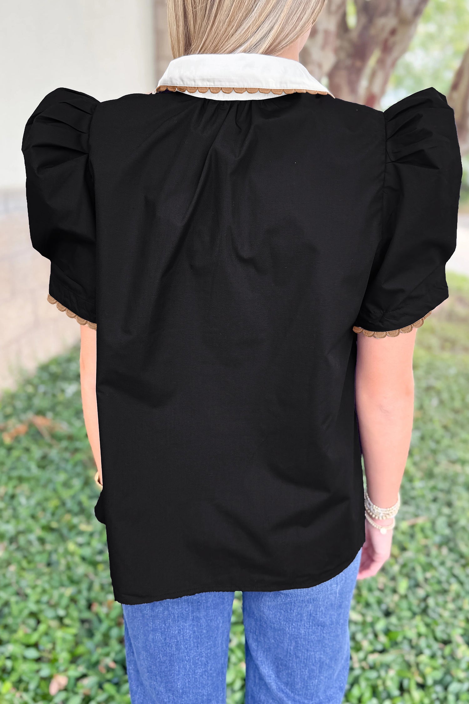 Black Ricrac Trim Color Block Patchwork Shirt Collar Short Sleeve Blouse-Tops/Blouses & Shirts-[Adult]-[Female]-2022 Online Blue Zone Planet