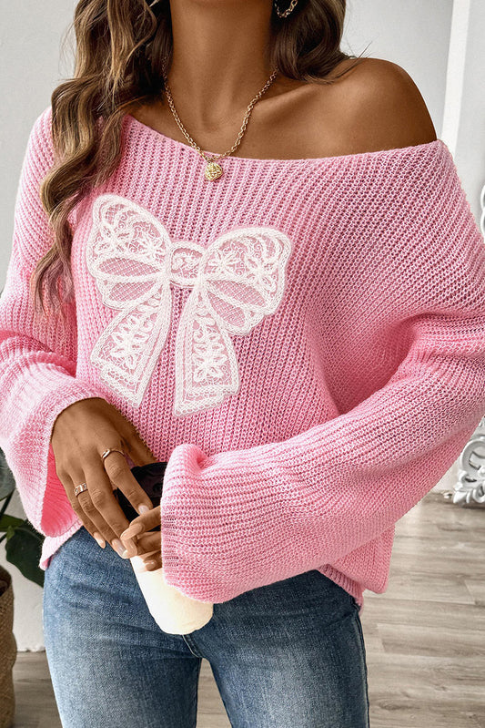 Pink Sweet Lace Bow Round Neck Knit Sweater-Sweaters-[Adult]-[Female]-Pink-S-2022 Online Blue Zone Planet