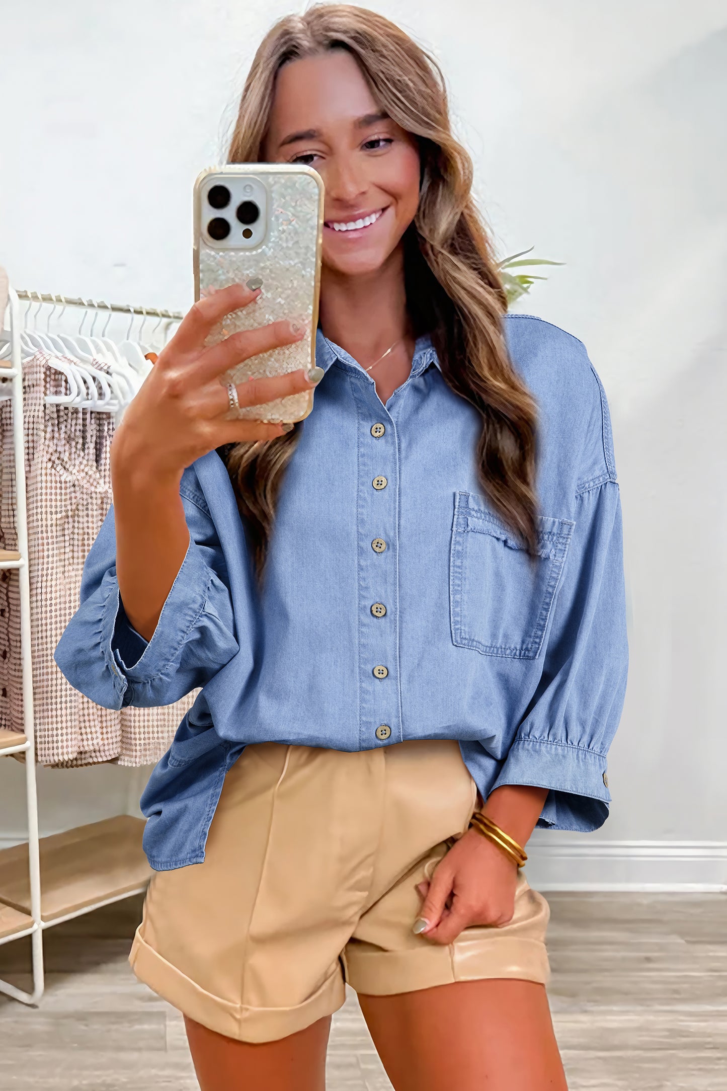 Myosotis Washed Drop Shoulder Bracelet Sleeve Chambray Shirt-Tops/Blouses & Shirts-[Adult]-[Female]-2022 Online Blue Zone Planet