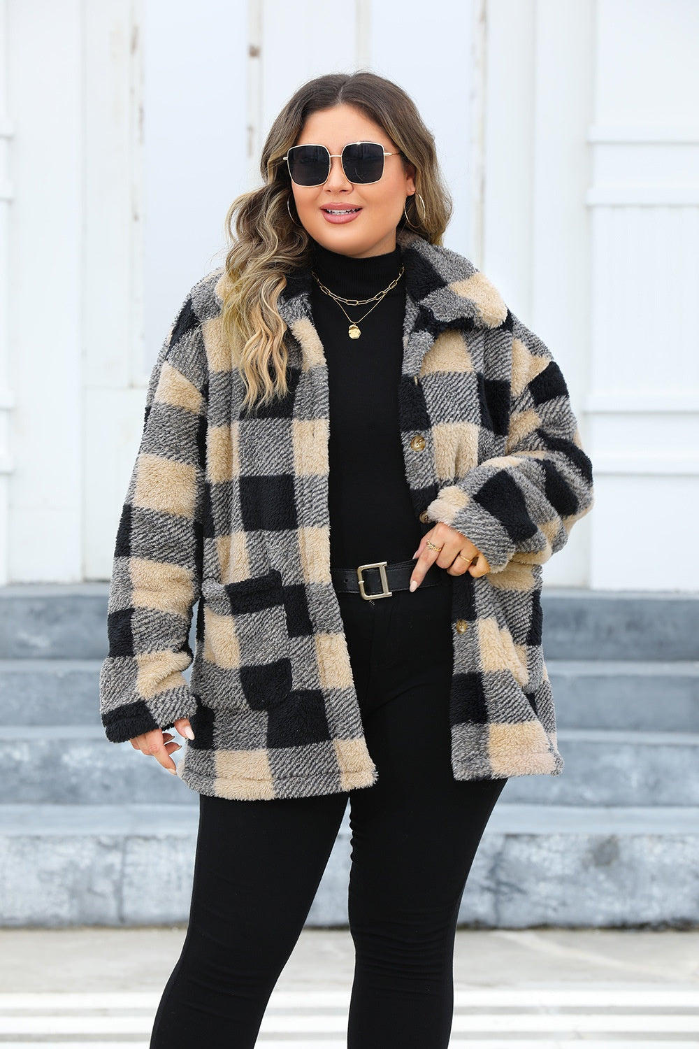 Blue Zone Planet | Plus Size Plaid Button Up Long Sleeve Coat-TOPS / DRESSES-[Adult]-[Female]-Camel-1XL-2022 Online Blue Zone Planet