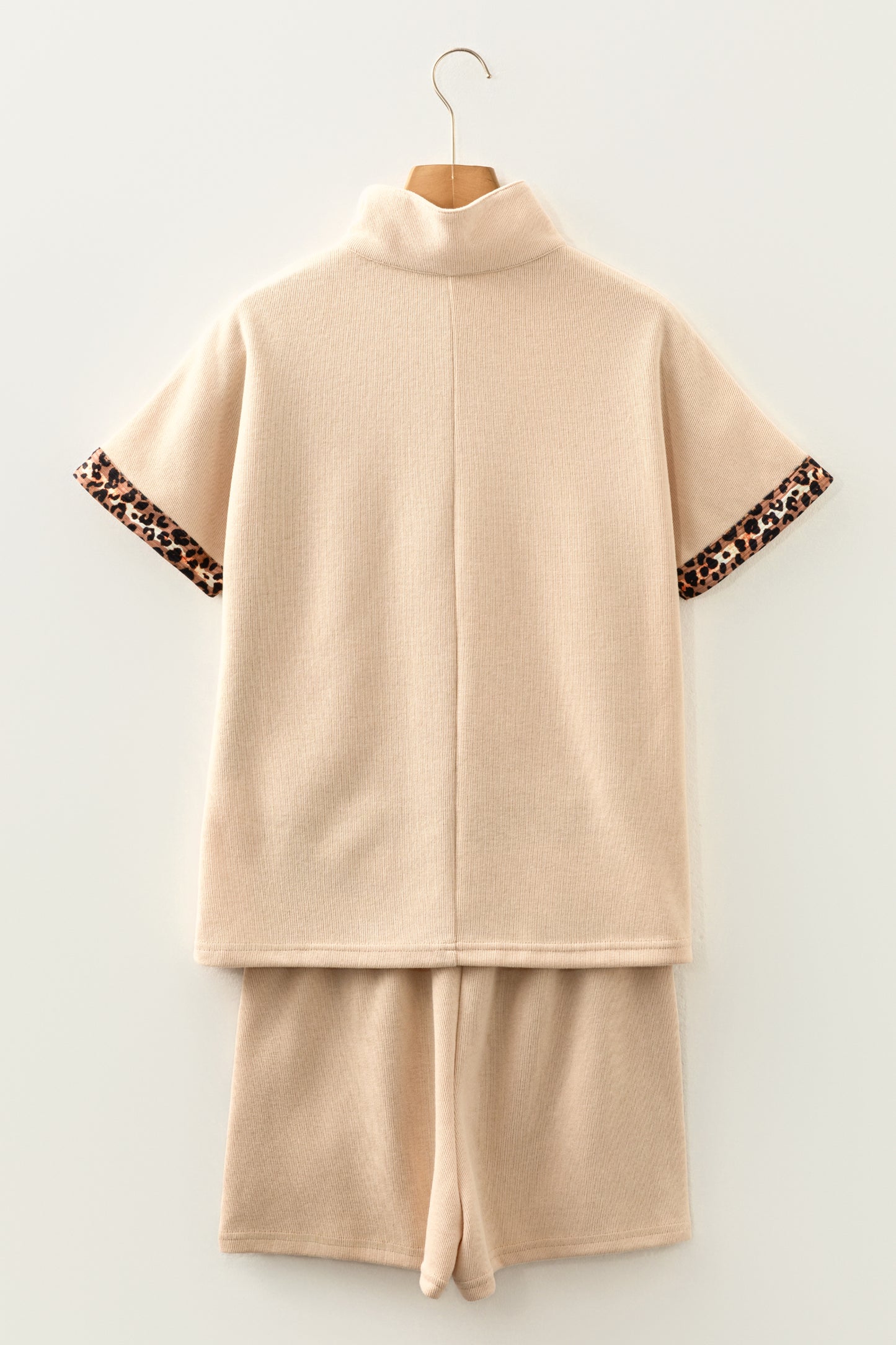 Parchment Leopard Trim Zipped Short Sleeve Casual Set-Two Piece Sets/Short Sets-[Adult]-[Female]-2022 Online Blue Zone Planet