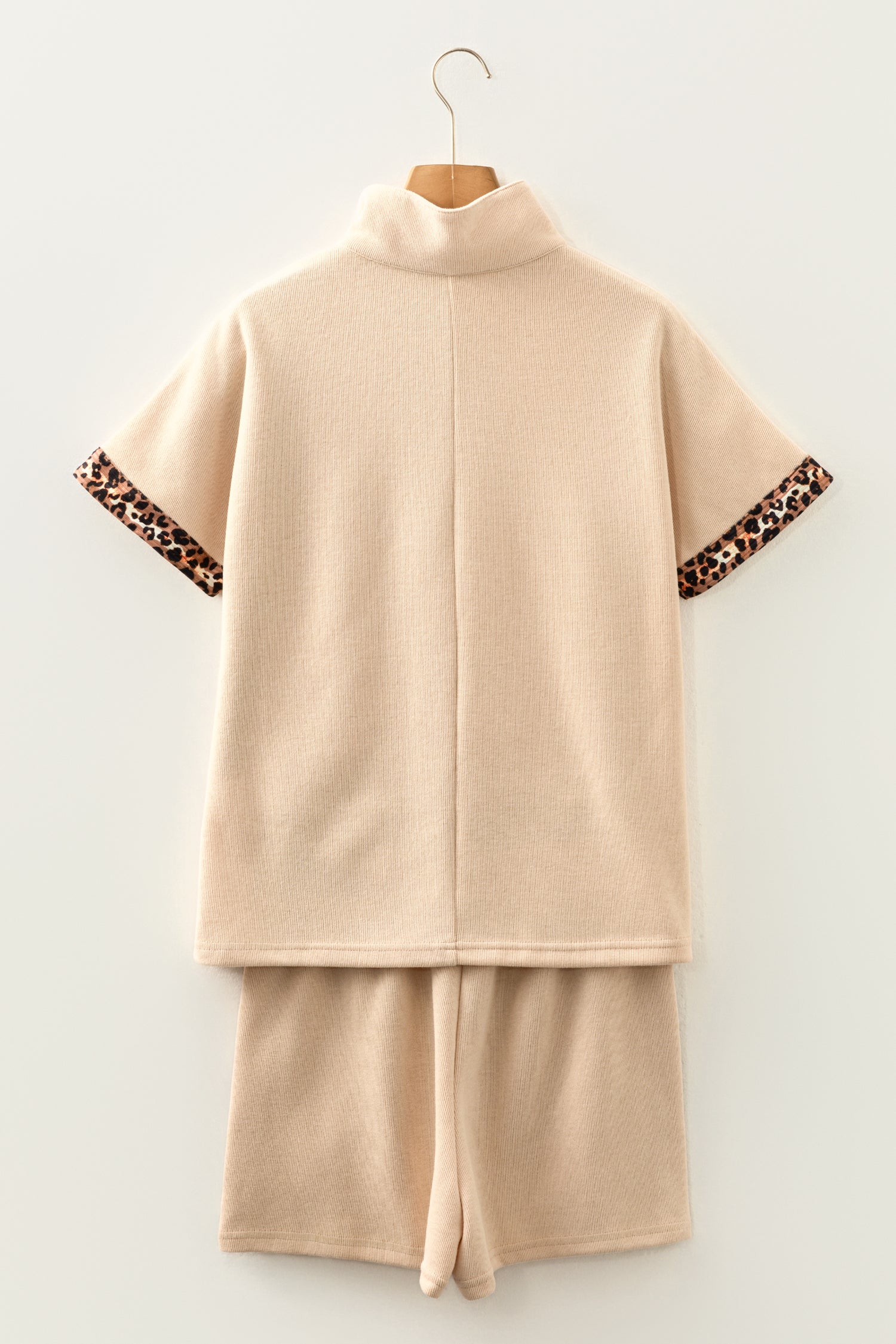 Parchment Leopard Trim Zipped Short Sleeve Casual Set-Two Piece Sets/Short Sets-[Adult]-[Female]-2022 Online Blue Zone Planet