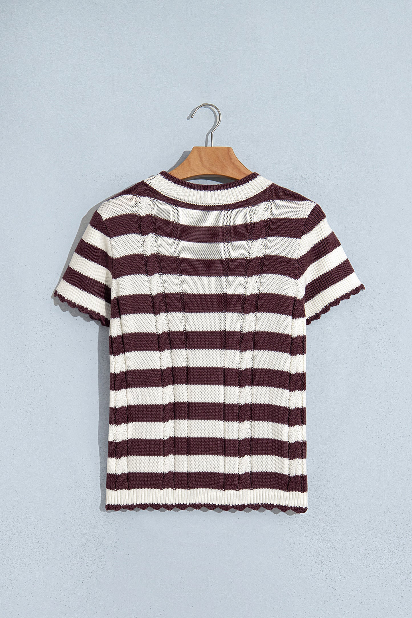 Brown Stripe Ribbed Knit Cable Detail Short Sleeve Sweater-TOPS / DRESSES-[Adult]-[Female]-2022 Online Blue Zone Planet
