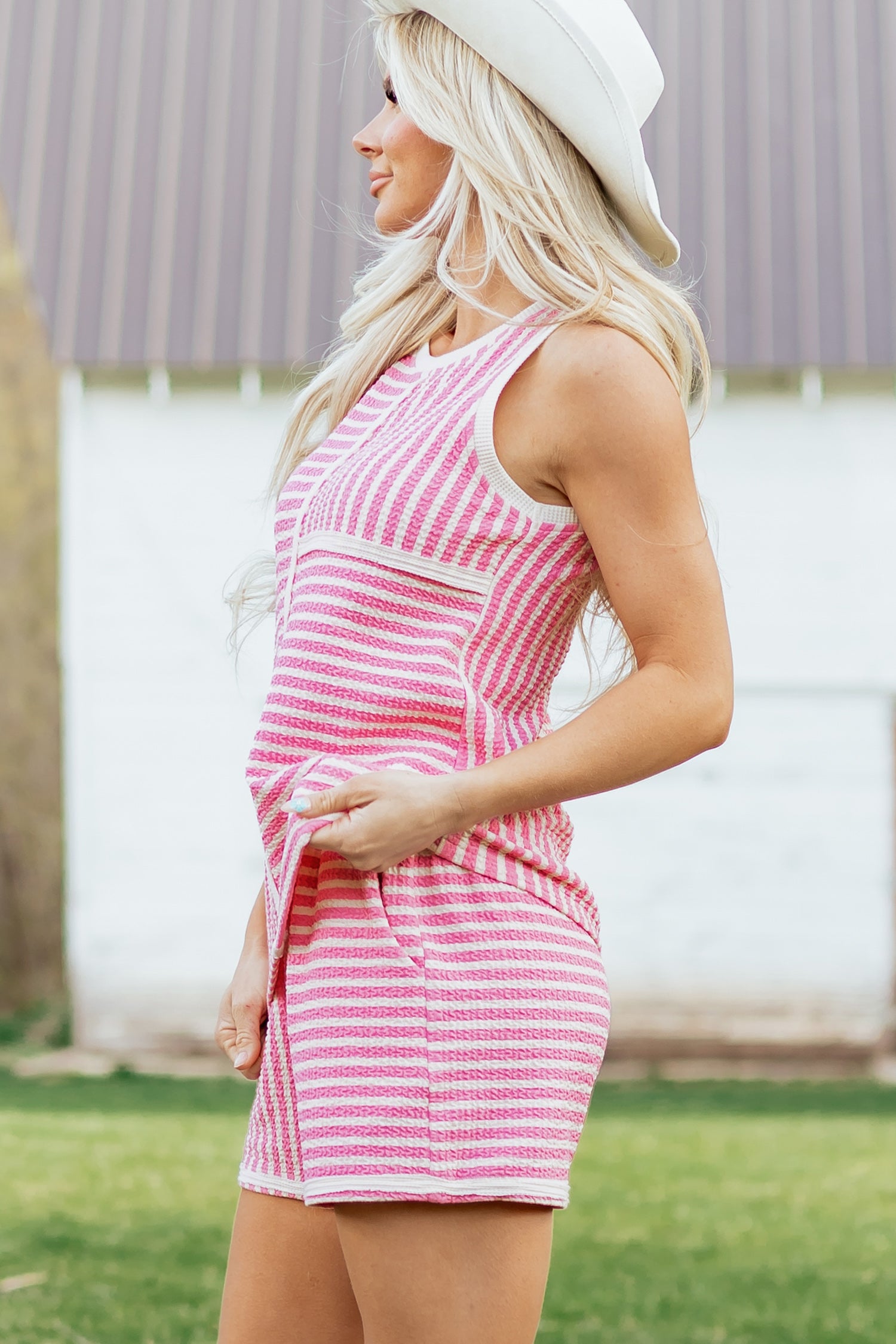 Pink Stripe Textured Contrast Trim Casual Tank and Shorts Set-Two Piece Sets/Short Sets-[Adult]-[Female]-2022 Online Blue Zone Planet
