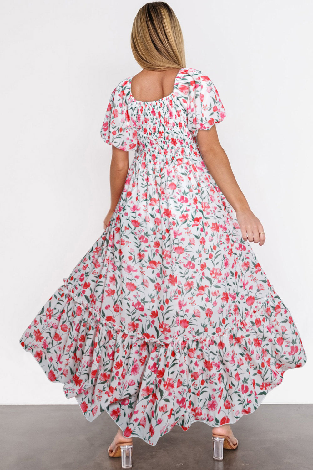 Pink Floral Puff Sleeve Square Neck Empire Waist Tiered Maxi Dress-Dresses/Floral Dresses-[Adult]-[Female]-2022 Online Blue Zone Planet