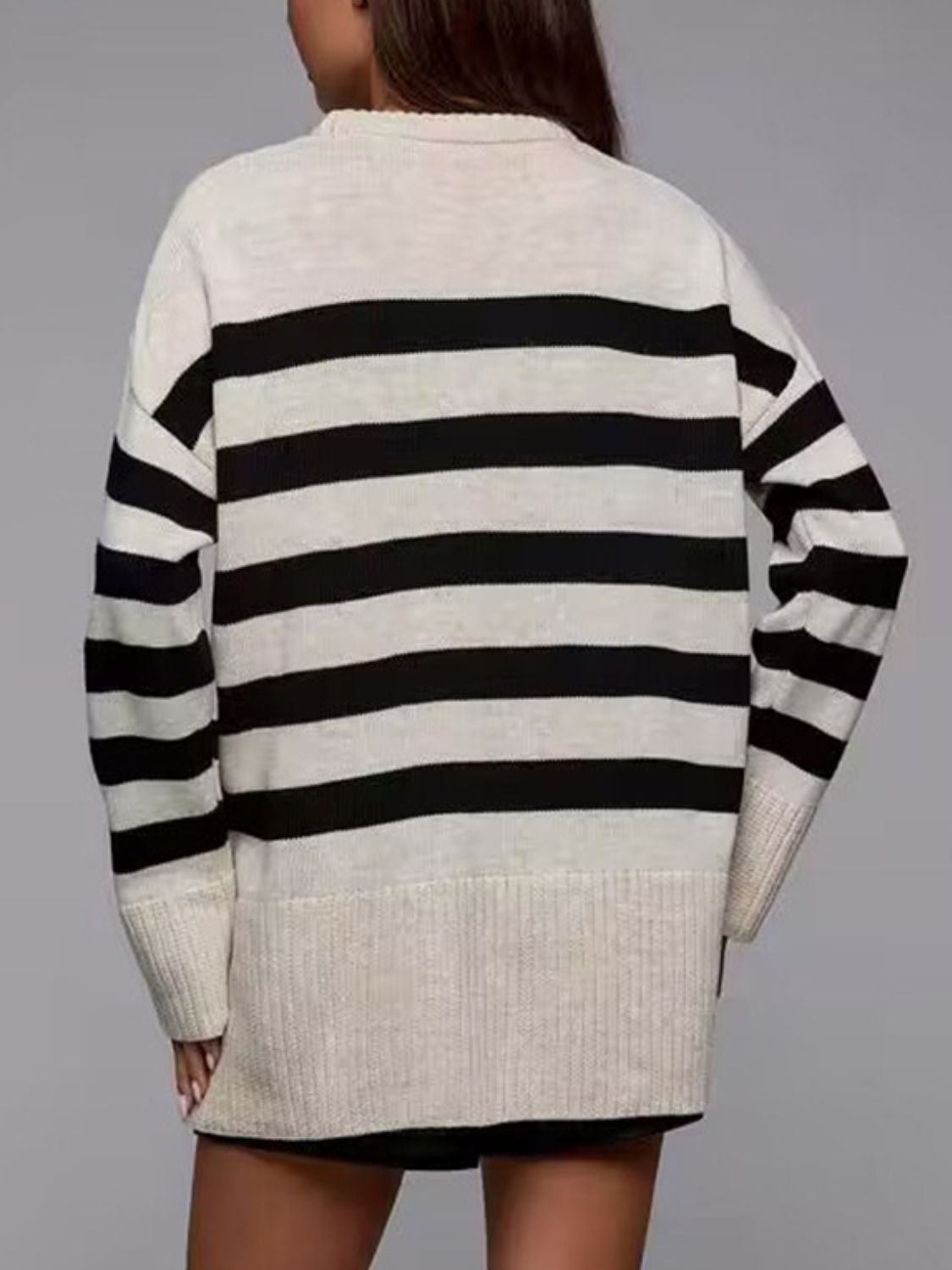 Slit Striped Round Neck Sweater-TOPS / DRESSES-[Adult]-[Female]-2022 Online Blue Zone Planet