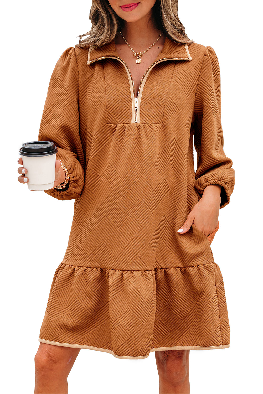 Desert Gold Quarter Zip Collar Bracelet Sleeve Textured Mini Dress-TOPS / DRESSES-[Adult]-[Female]-2022 Online Blue Zone Planet