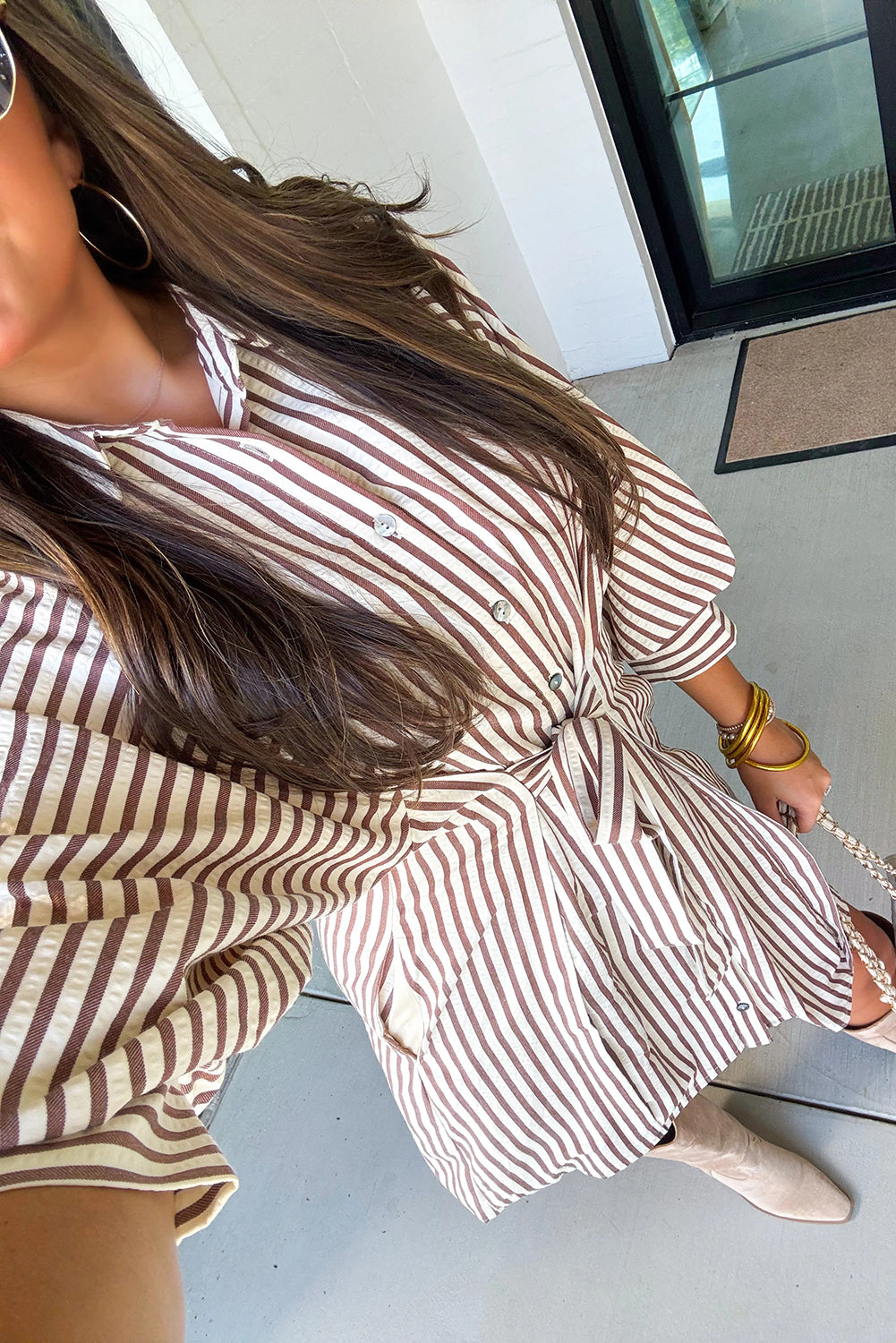 Brown Stripe Knot Waist Puff Sleeve Button Down Mini Shirt Dress-Dresses/Mini Dresses-[Adult]-[Female]-2022 Online Blue Zone Planet