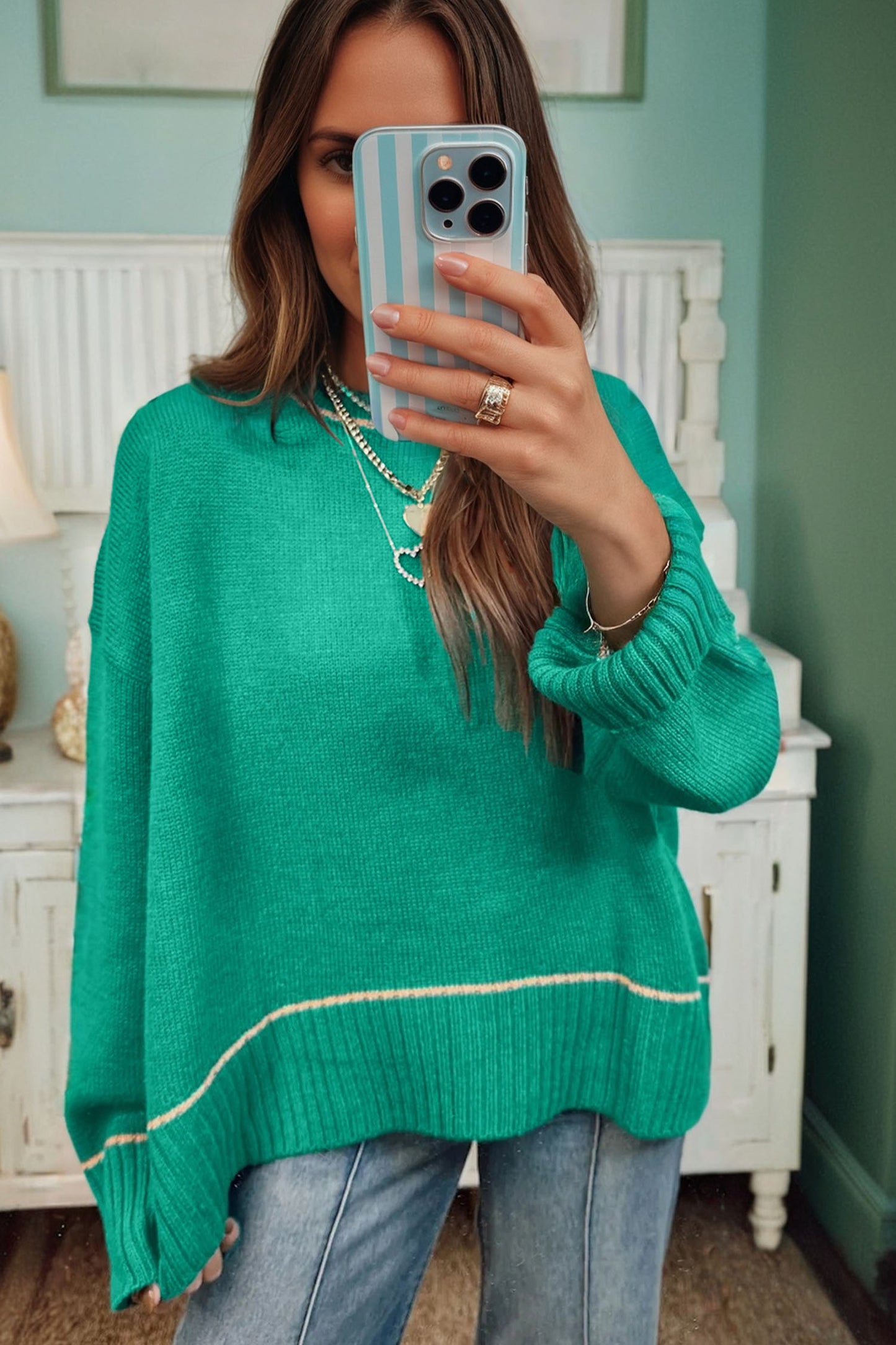 Sea Green Contrast Detail Drop Shoulder Baggy Sweater-TOPS / DRESSES-[Adult]-[Female]-2022 Online Blue Zone Planet