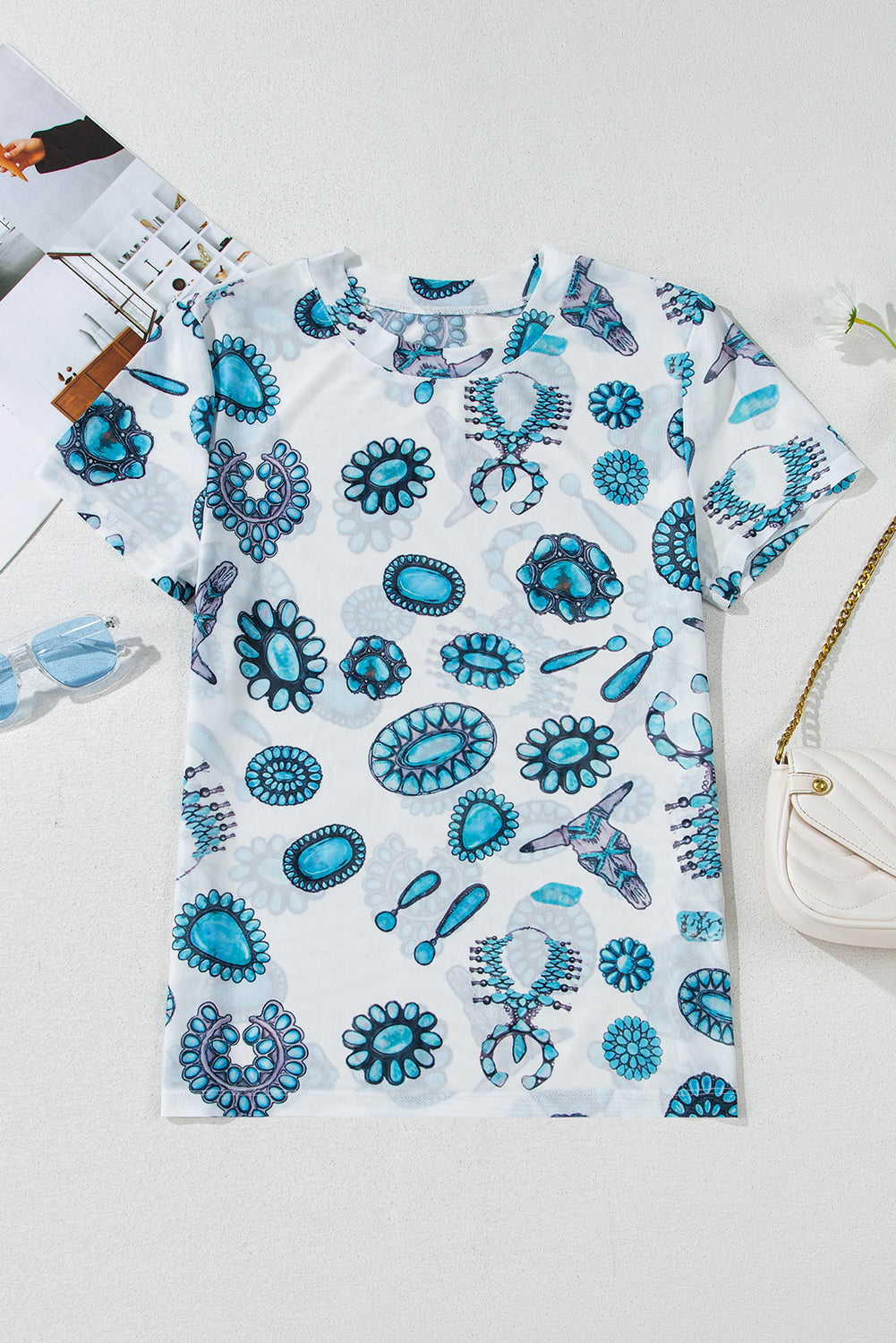 Blue Zone Planet | Sky Blue Western Turquoise Printed Crewneck Slim Fit Tee-Tops/Tops & Tees-[Adult]-[Female]-2022 Online Blue Zone Planet