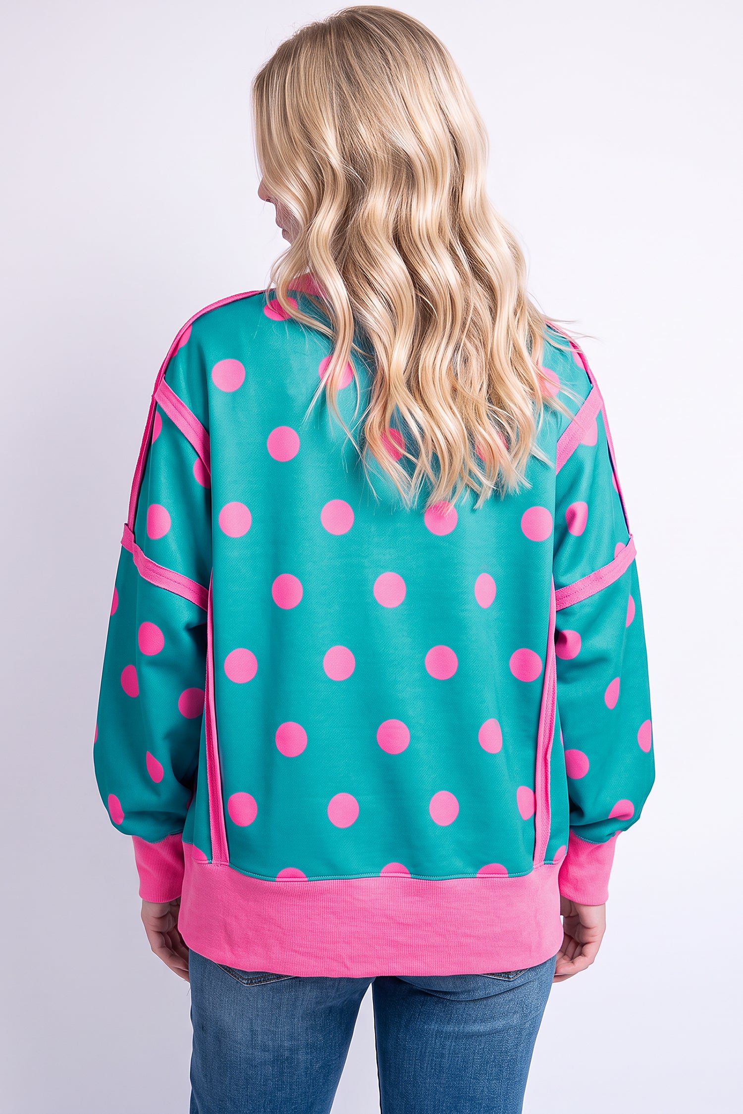 White Polka Dot Contrast Patchwork Round Neck Baggy Sweatshirt-Tops/Sweatshirts & Hoodies-[Adult]-[Female]-2022 Online Blue Zone Planet
