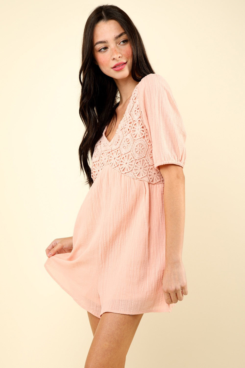 VERY J Lace Detail Puff Sleeve Romper with Pockets-TOPS / DRESSES-[Adult]-[Female]-Blush-S-2022 Online Blue Zone Planet