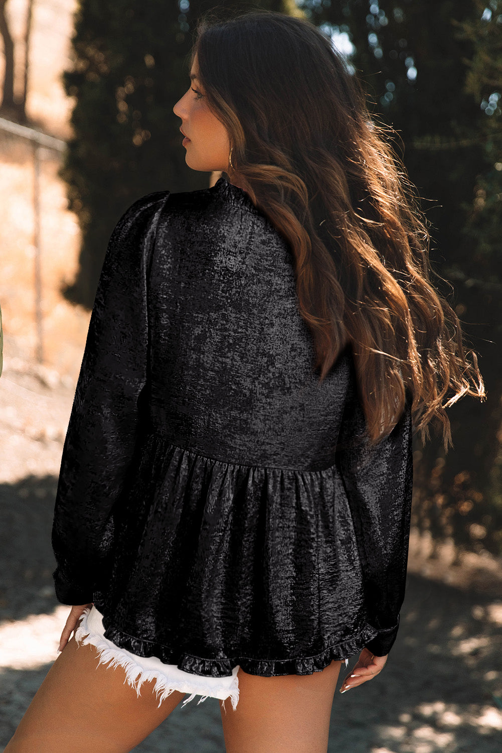 Black Metallic Frilled V Neck Puff Sleeve Babydoll Blouse-Tops/Blouses & Shirts-[Adult]-[Female]-2022 Online Blue Zone Planet