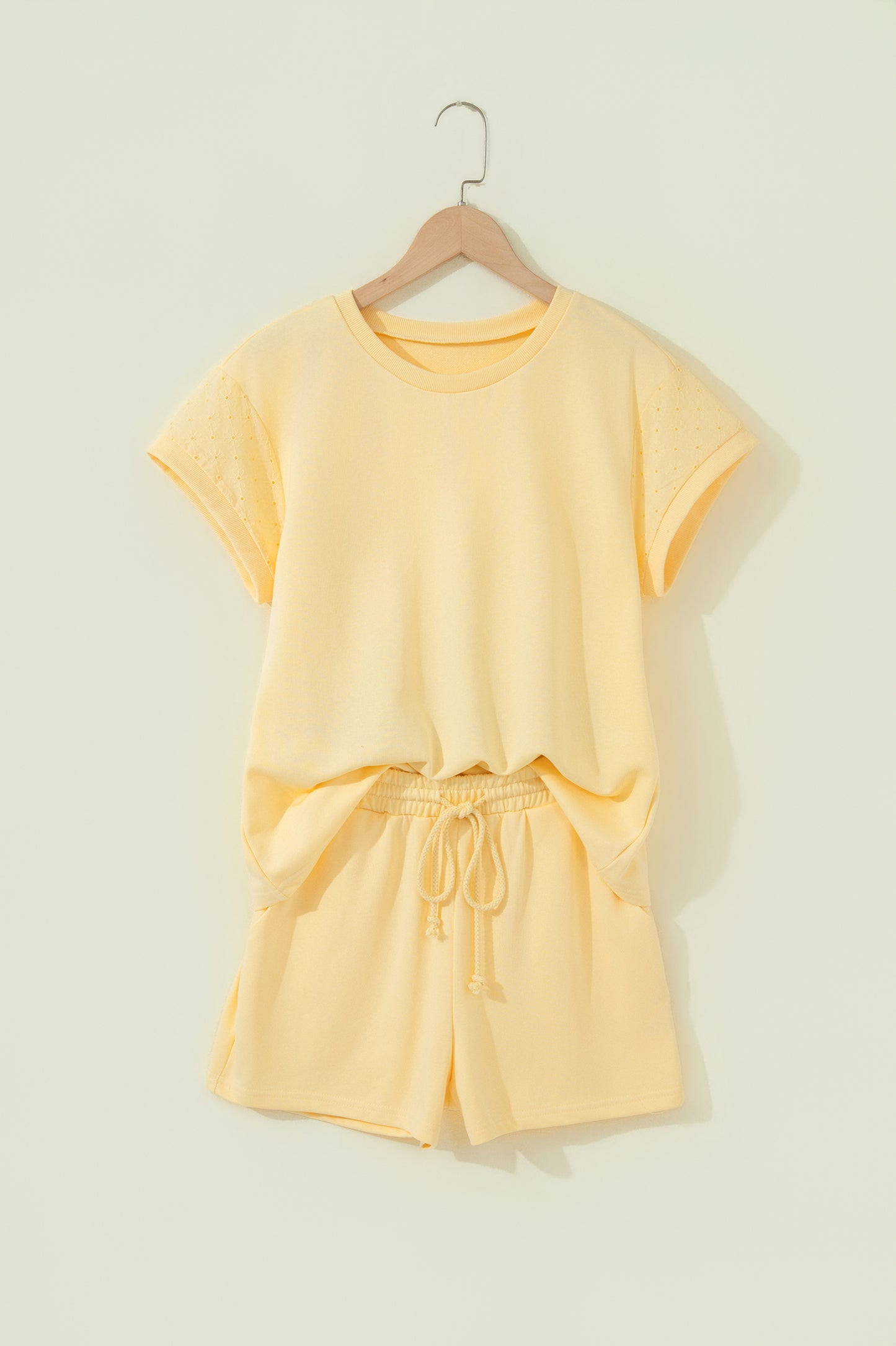 Yellow Eyelet Lace Patchwork Sleeve Short 2pcs Outfit-Two Piece Sets/Short Sets-[Adult]-[Female]-2022 Online Blue Zone Planet