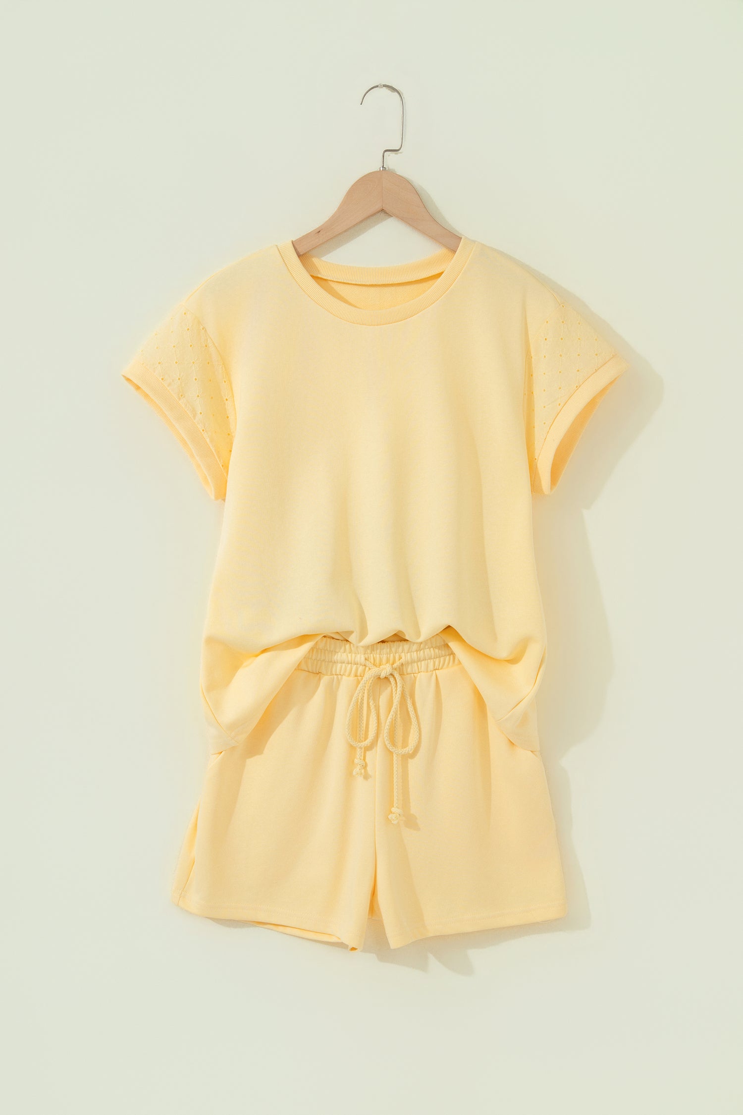Yellow Eyelet Lace Patchwork Sleeve Short 2pcs Outfit-Two Piece Sets/Short Sets-[Adult]-[Female]-2022 Online Blue Zone Planet