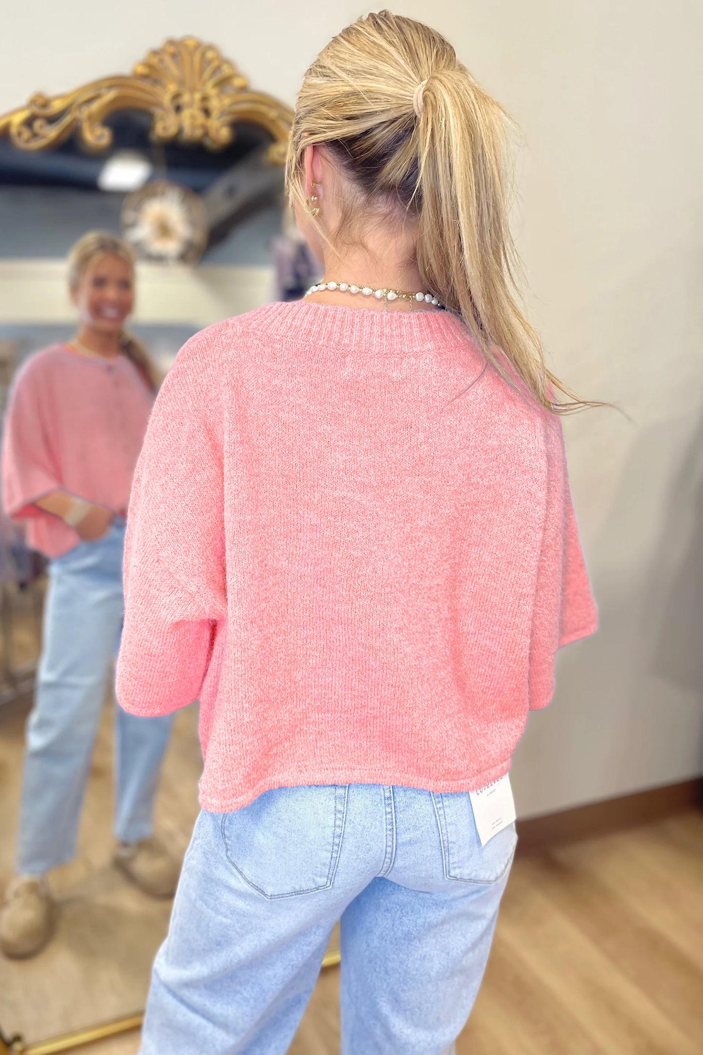 Peach Blossom 3/4 Sleeve Boxy Knit Button Down Sweater Cardigan-TOPS / DRESSES-[Adult]-[Female]-2022 Online Blue Zone Planet