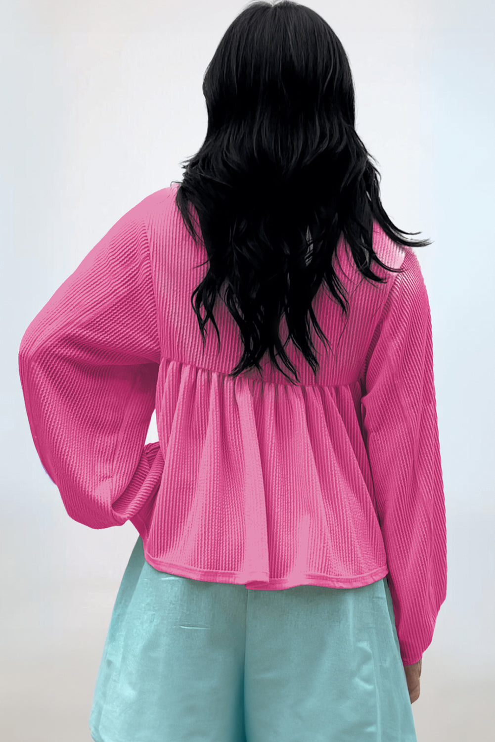 Bright Pink Corded Turn-down V Neck Bubble Sleeve Babydoll Blouse-Tops/Blouses & Shirts-[Adult]-[Female]-2022 Online Blue Zone Planet