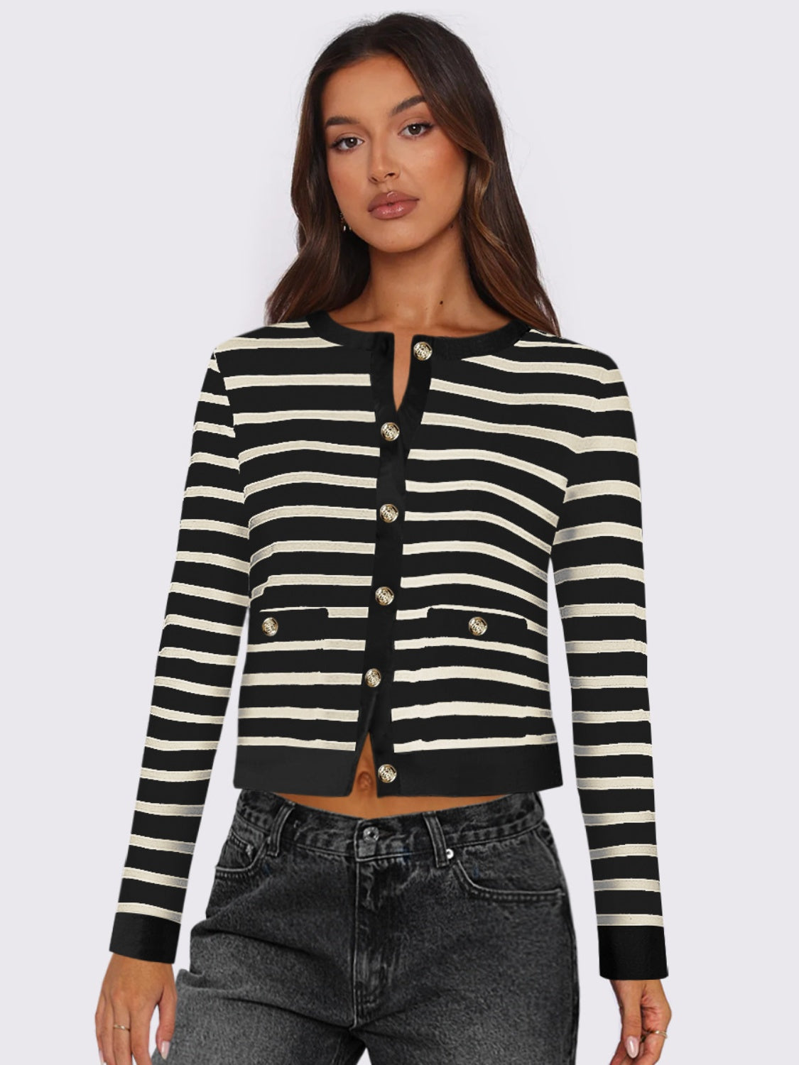 Striped Round Neck Button Up Long Sleeve Cardigan-NEW ARRIVALS-[Adult]-[Female]-Black-S-2022 Online Blue Zone Planet