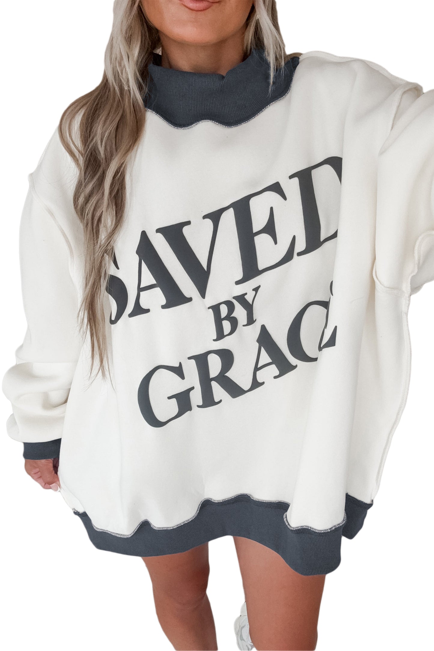 Beige Saved By Grace Print Color Block Mock Neck Oversized Sweatshirt-Tops/Sweatshirts & Hoodies-[Adult]-[Female]-2022 Online Blue Zone Planet