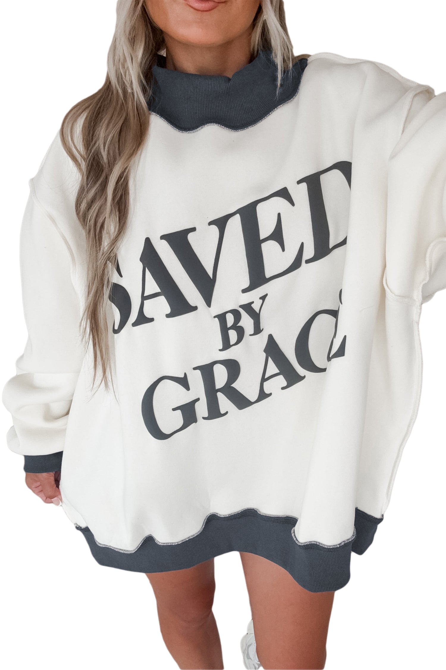 Beige Saved By Grace Print Color Block Mock Neck Oversized Sweatshirt-Tops/Sweatshirts & Hoodies-[Adult]-[Female]-2022 Online Blue Zone Planet