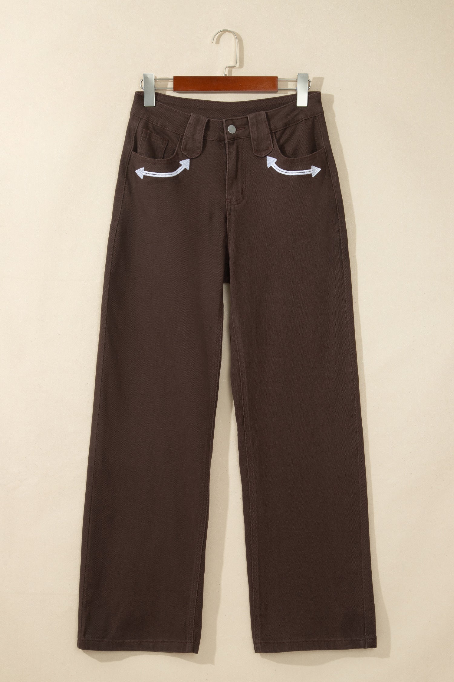 Coffee Western Colorblock Pockets Button Fly Decorative Belt Loops Straight Leg Jeans-Bottoms/Jeans-[Adult]-[Female]-2022 Online Blue Zone Planet