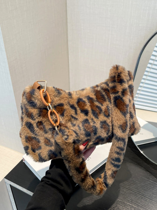 Blue Zone Planet | Leopard Fluff Shoulder Bag-HANDBAGS-[Adult]-[Female]-Caramel-One Size-2022 Online Blue Zone Planet