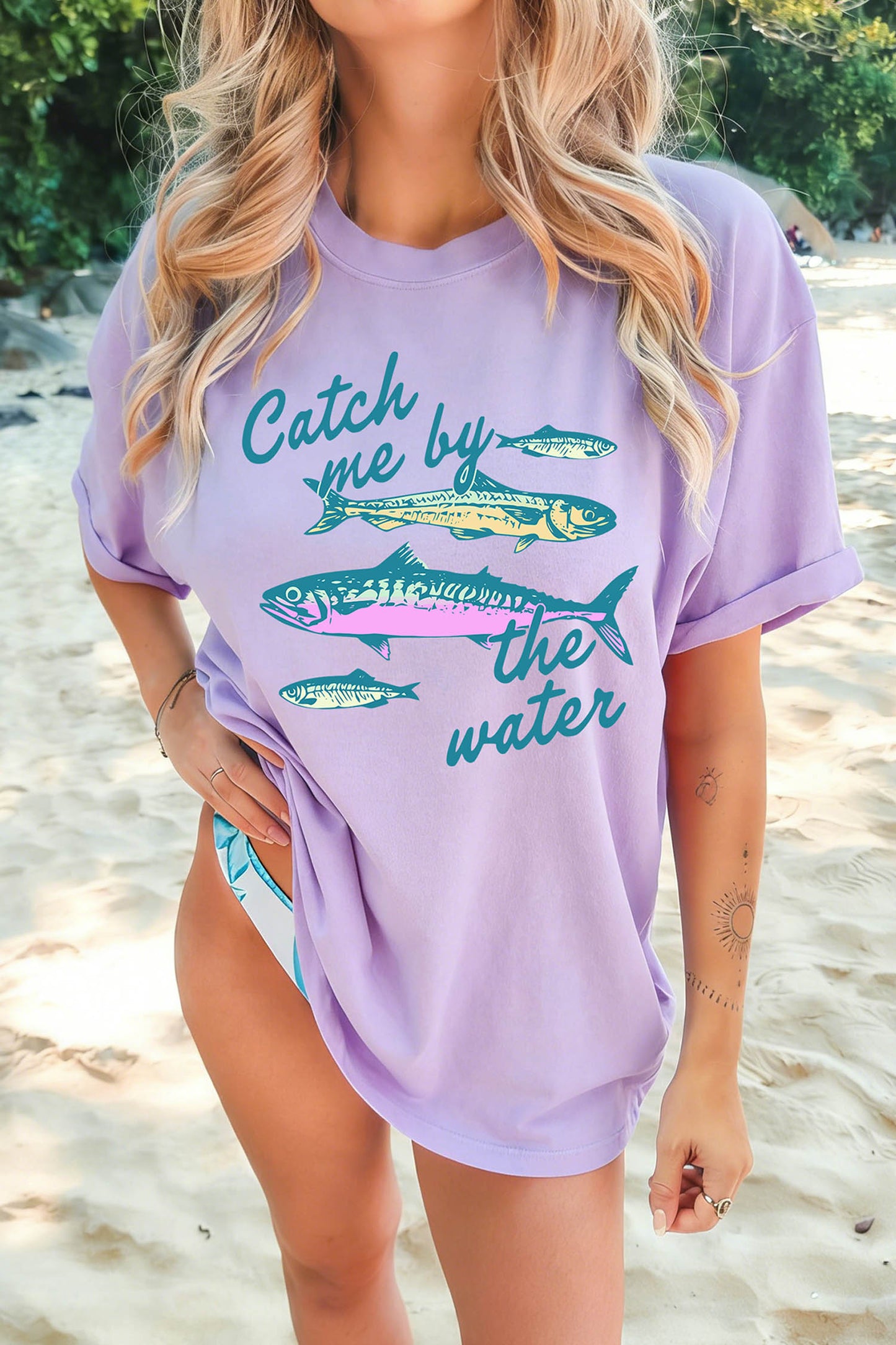 Orchid Petal Catch Me By The Water Fishes Printed T Shirt