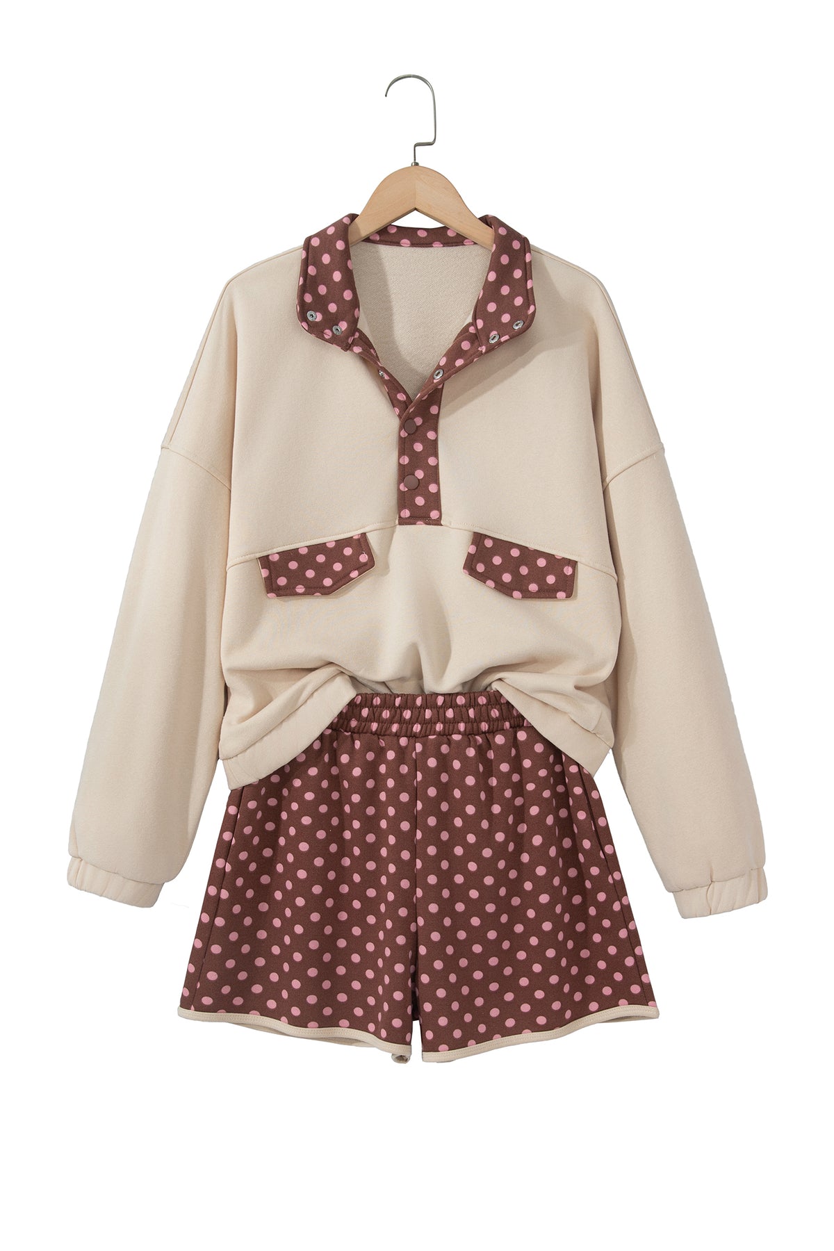 Brown Polka Dot Contrast Baggy Pullover and Elastic Waist Shorts 2pcs Set-Two Piece Sets/Short Sets-[Adult]-[Female]-2022 Online Blue Zone Planet