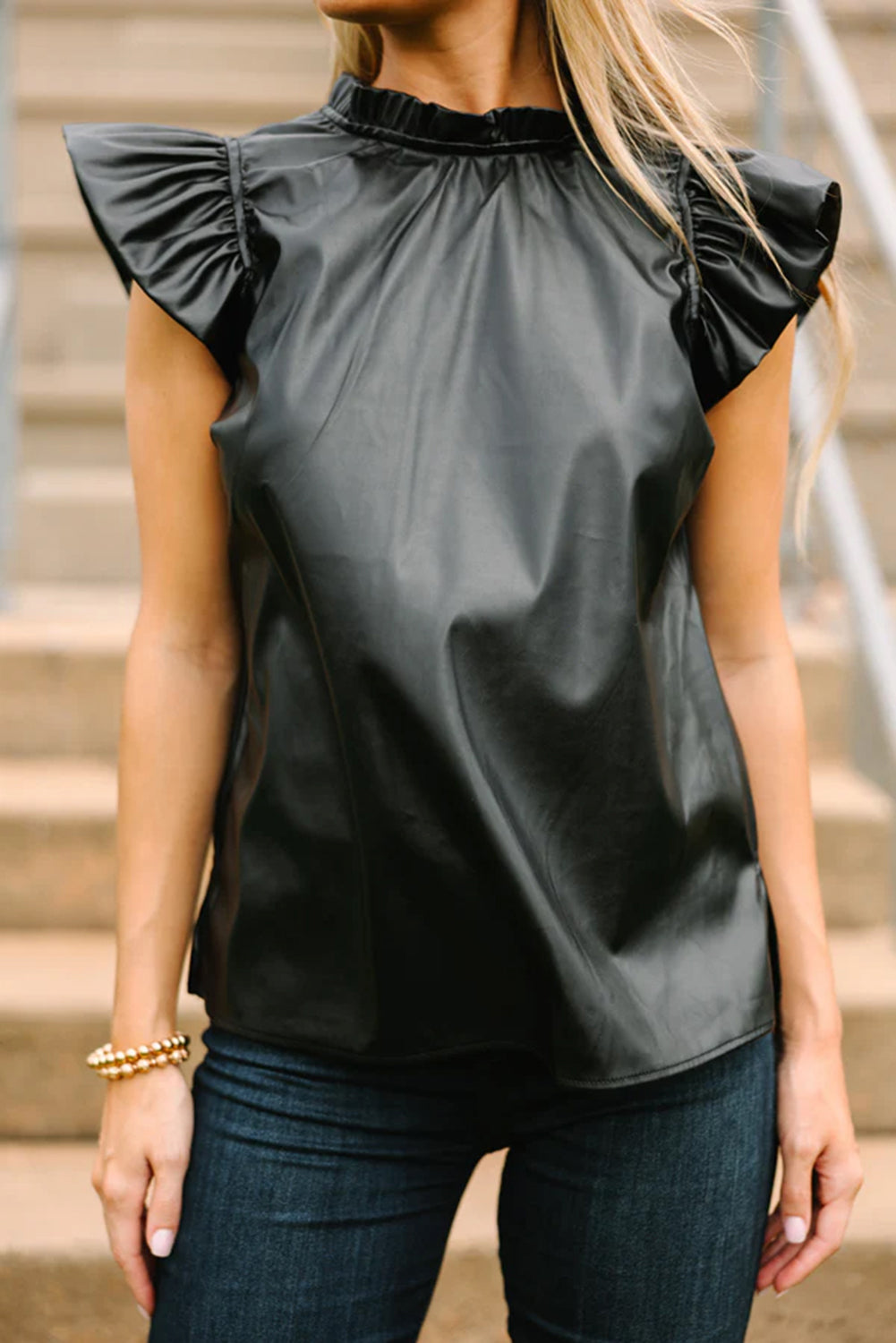 Black PU Leather Frilly Ruffle Trim Blouse-Tops/Blouses & Shirts-[Adult]-[Female]-2022 Online Blue Zone Planet
