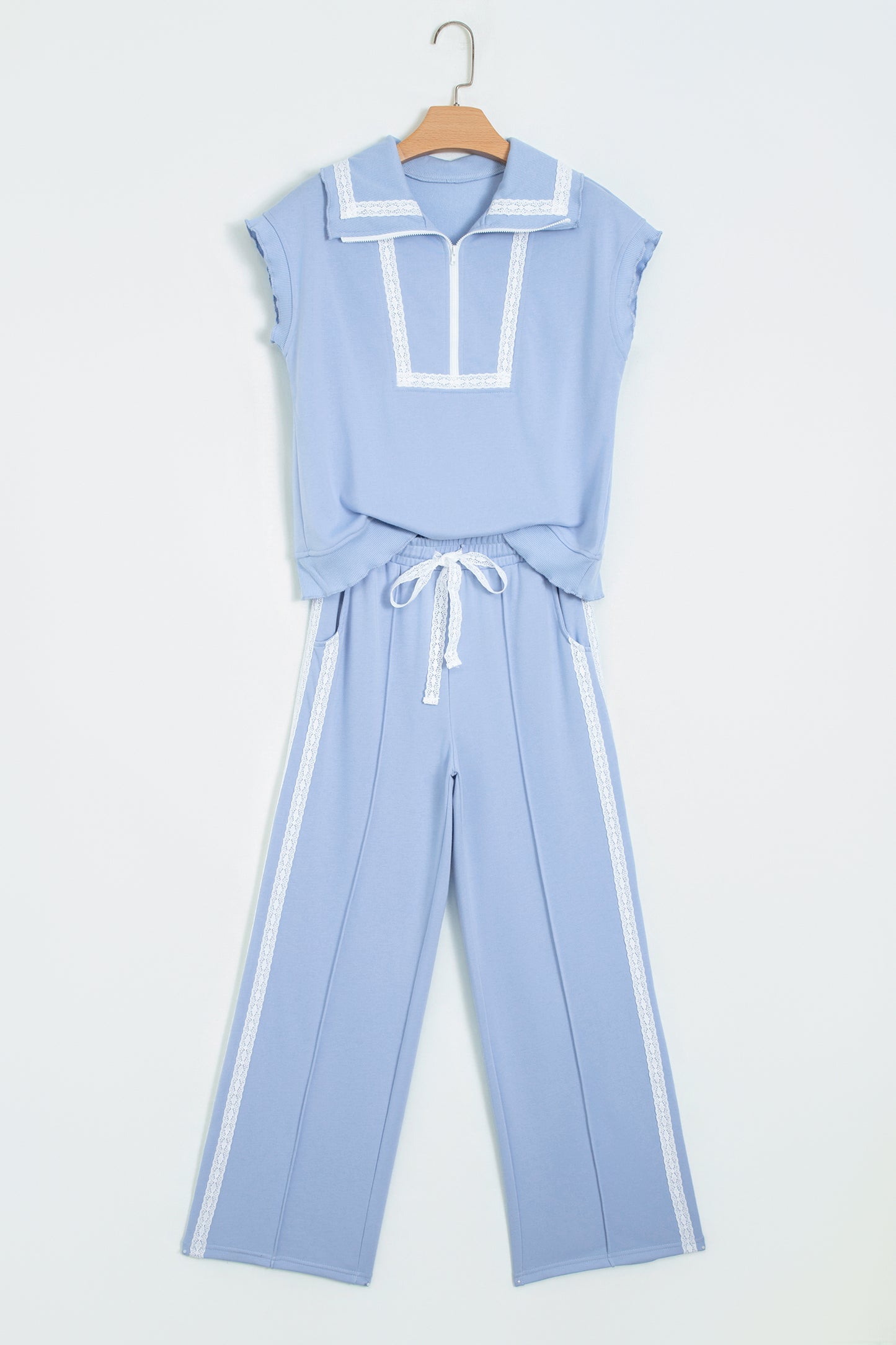 Sky Blue Lace Accent Zipped Collar Short Sleeve Top Sweatpants Set-Two Piece Sets/Pant Sets-[Adult]-[Female]-2022 Online Blue Zone Planet