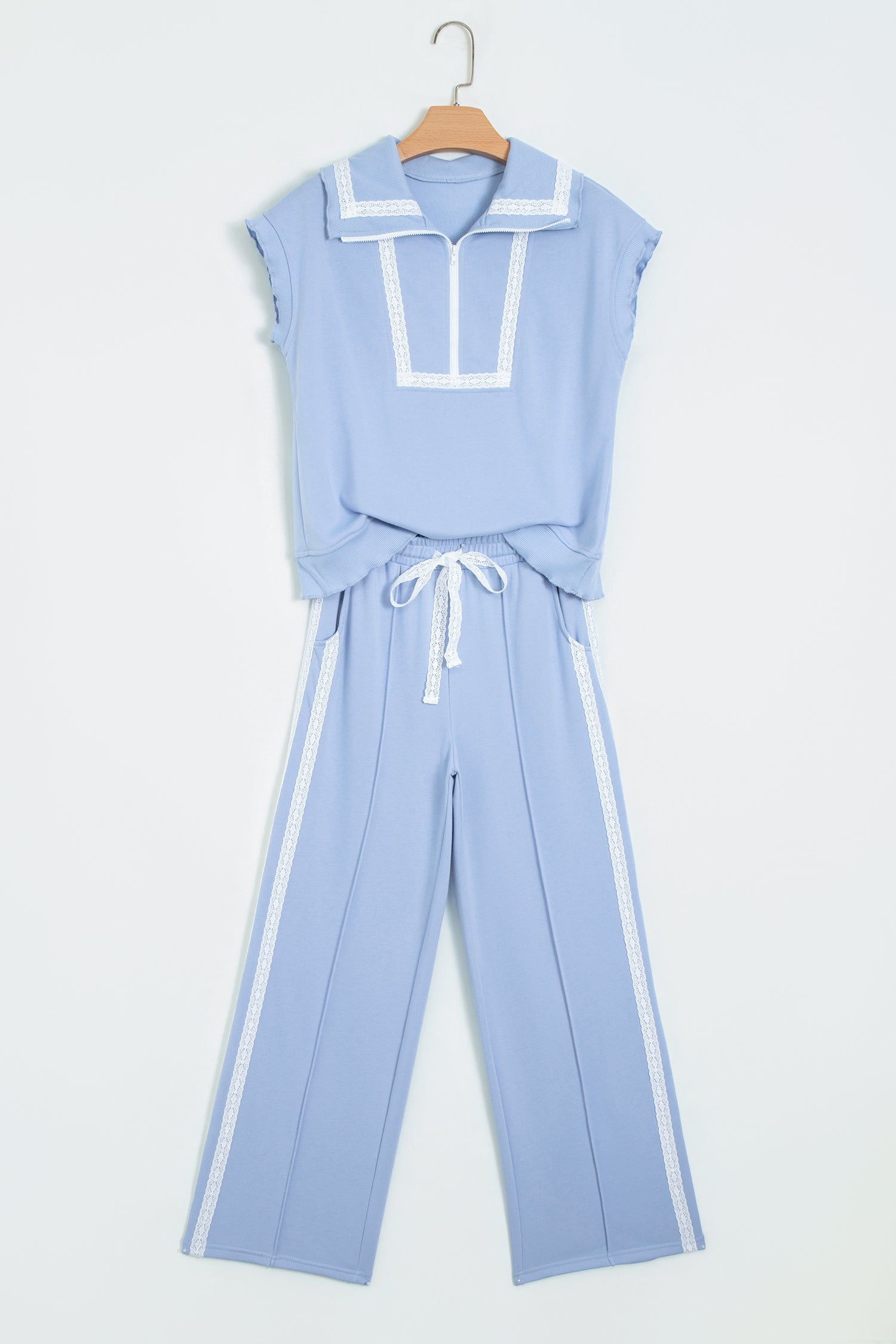 Sky Blue Lace Accent Zipped Collar Short Sleeve Top Sweatpants Set-Two Piece Sets/Pant Sets-[Adult]-[Female]-2022 Online Blue Zone Planet