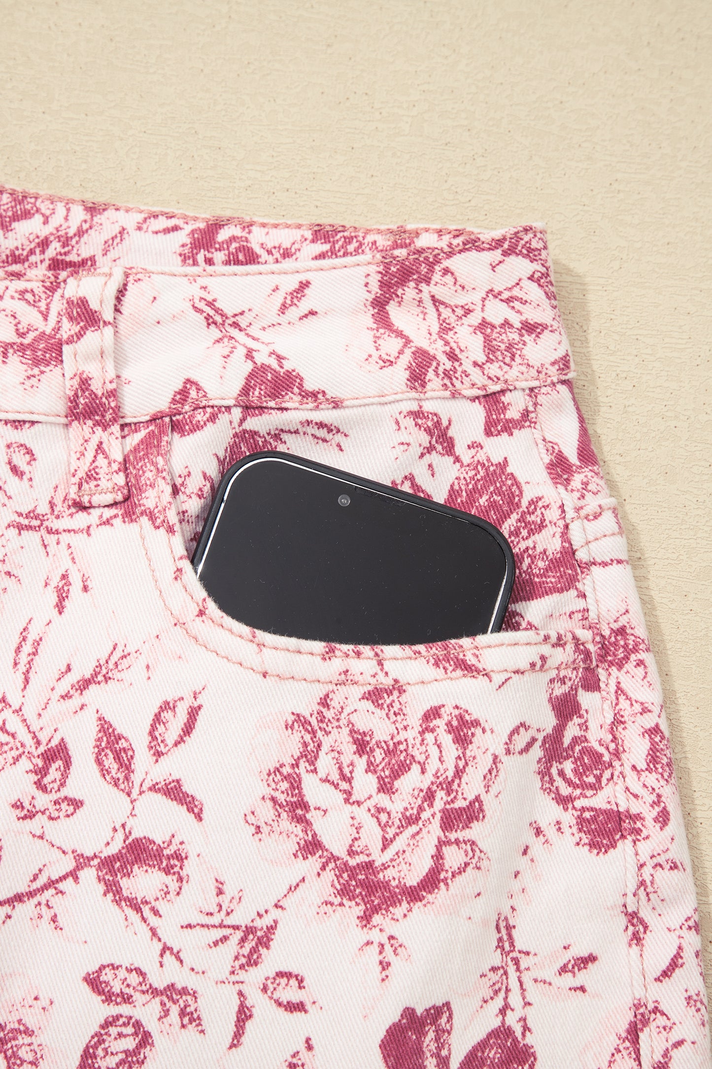 Pink Vintage Floral Print Denim Shift Pants-Bottoms/Jeans-[Adult]-[Female]-2022 Online Blue Zone Planet