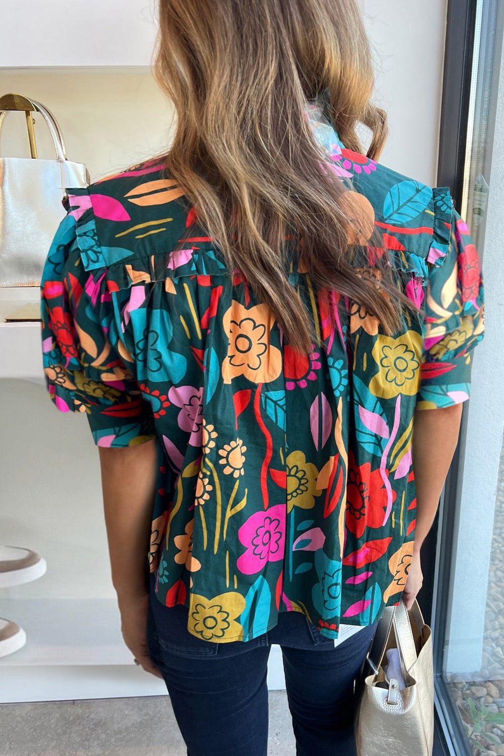 Green Floral Print Puff Sleeve Tied V Neck Blouse-Tops/Blouses & Shirts-[Adult]-[Female]-2022 Online Blue Zone Planet