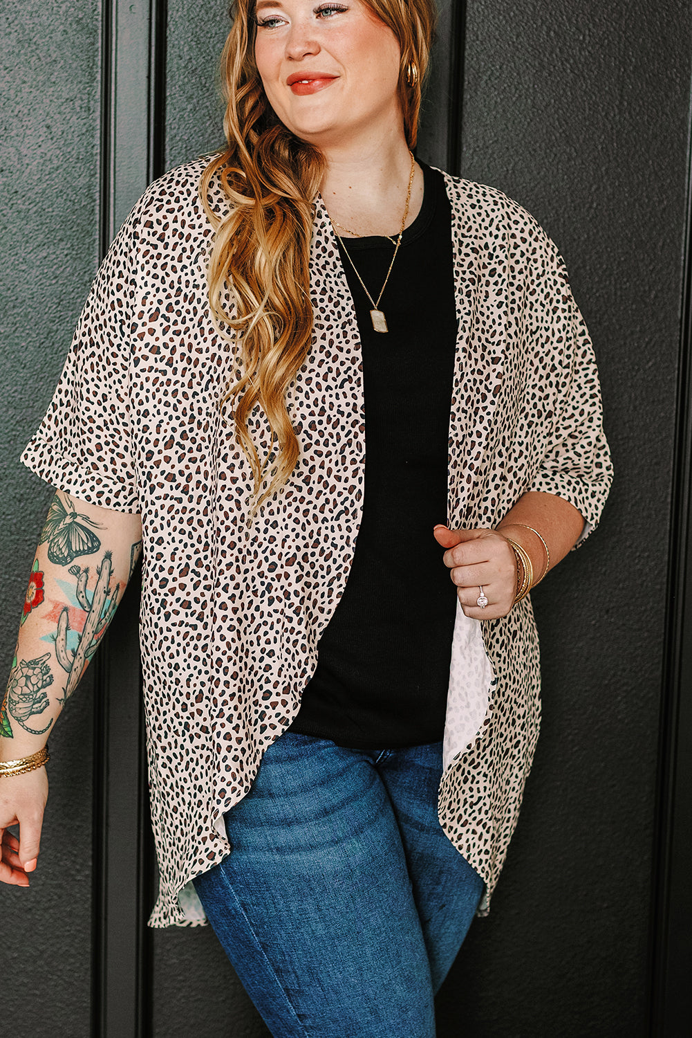 Khaki Plus Size Leopard Print Half Sleeve Open Front Cardigan-Sale (50% OFF)/20% OFF-[Adult]-[Female]-2022 Online Blue Zone Planet