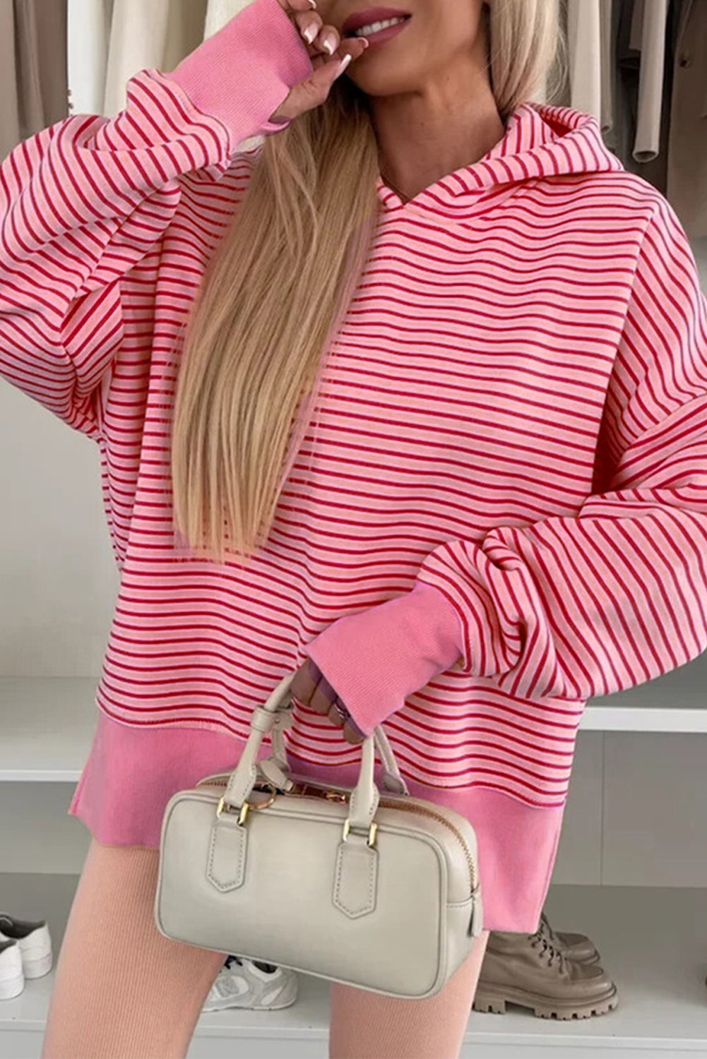 Rose Stripe Thumbhole Side Slits Drop Shoulder Loose Fit Hoodie-Tops / Dresses-[Adult]-[Female]-2022 Online Blue Zone Planet