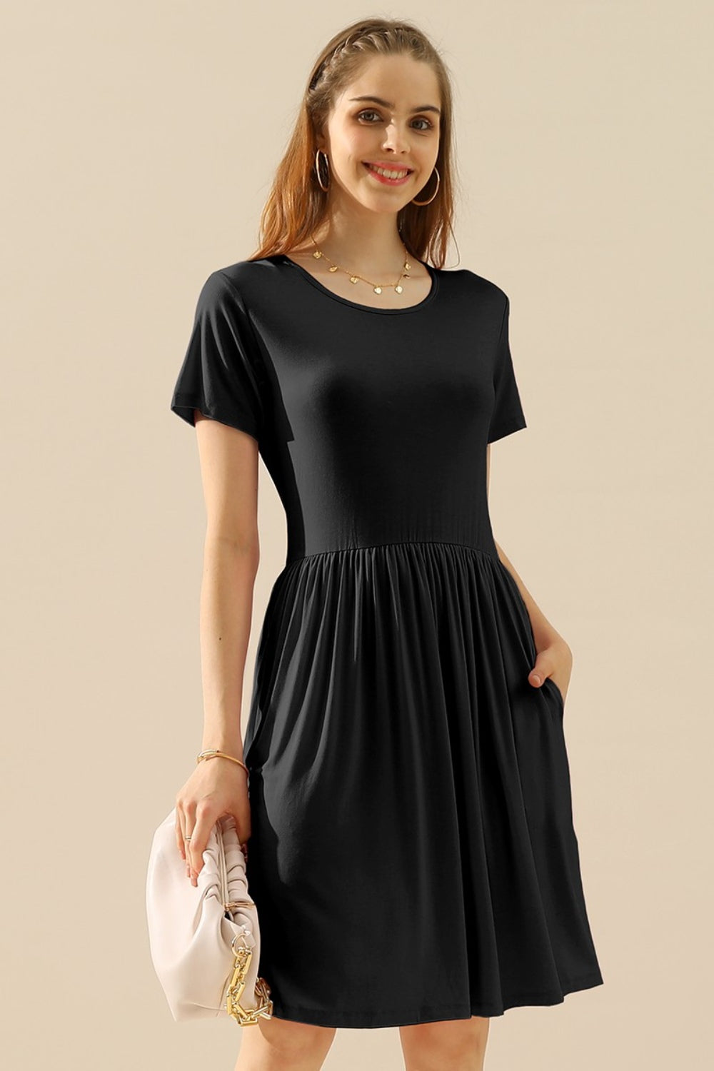 Ninexis Full Size Round Neck Ruched Dress with Pockets-TOPS / DRESSES-[Adult]-[Female]-BLACK-S-2022 Online Blue Zone Planet