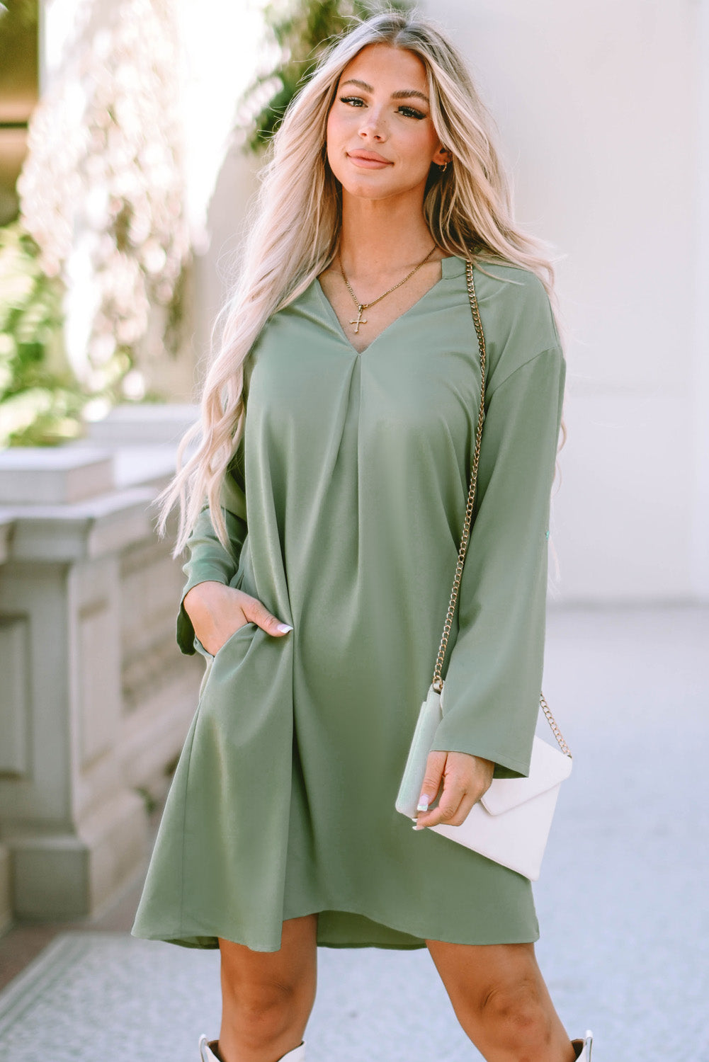 Blue Zone Planet | Green Roll-tab Sleeve Flowy Casual Dress-TOPS / DRESSES-[Adult]-[Female]-Green-S-2022 Online Blue Zone Planet