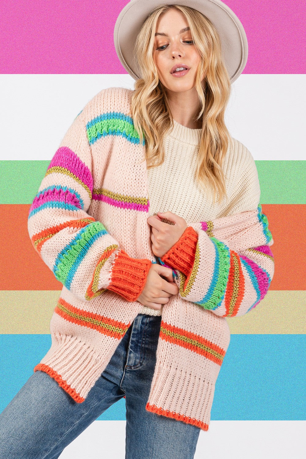 SAGE + FIG Rainbow Striped Open Front Knit Cardigan-TOPS / DRESSES-[Adult]-[Female]-2022 Online Blue Zone Planet