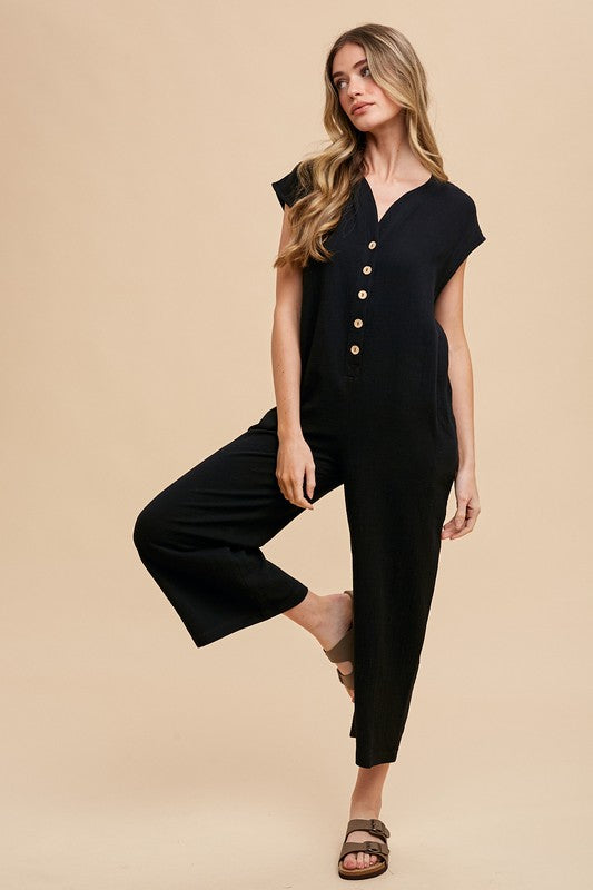 Annie Wear Button Detail Wide Leg Jumpsuit with Pockets-TOPS / DRESSES-[Adult]-[Female]-Black-S-2022 Online Blue Zone Planet