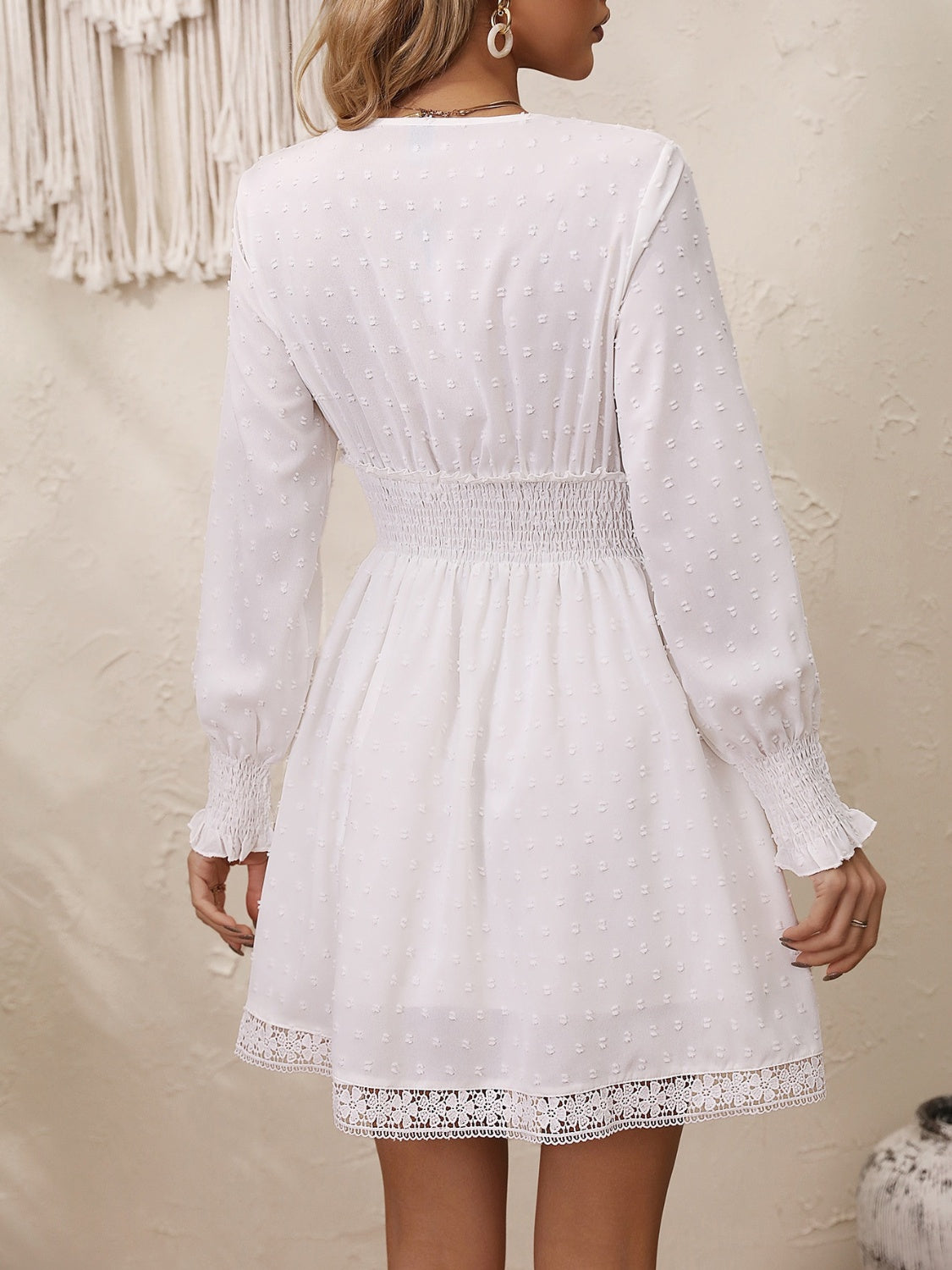 Lace Detail V-Neck Long Sleeve Dress-TOPS / DRESSES-[Adult]-[Female]-2022 Online Blue Zone Planet