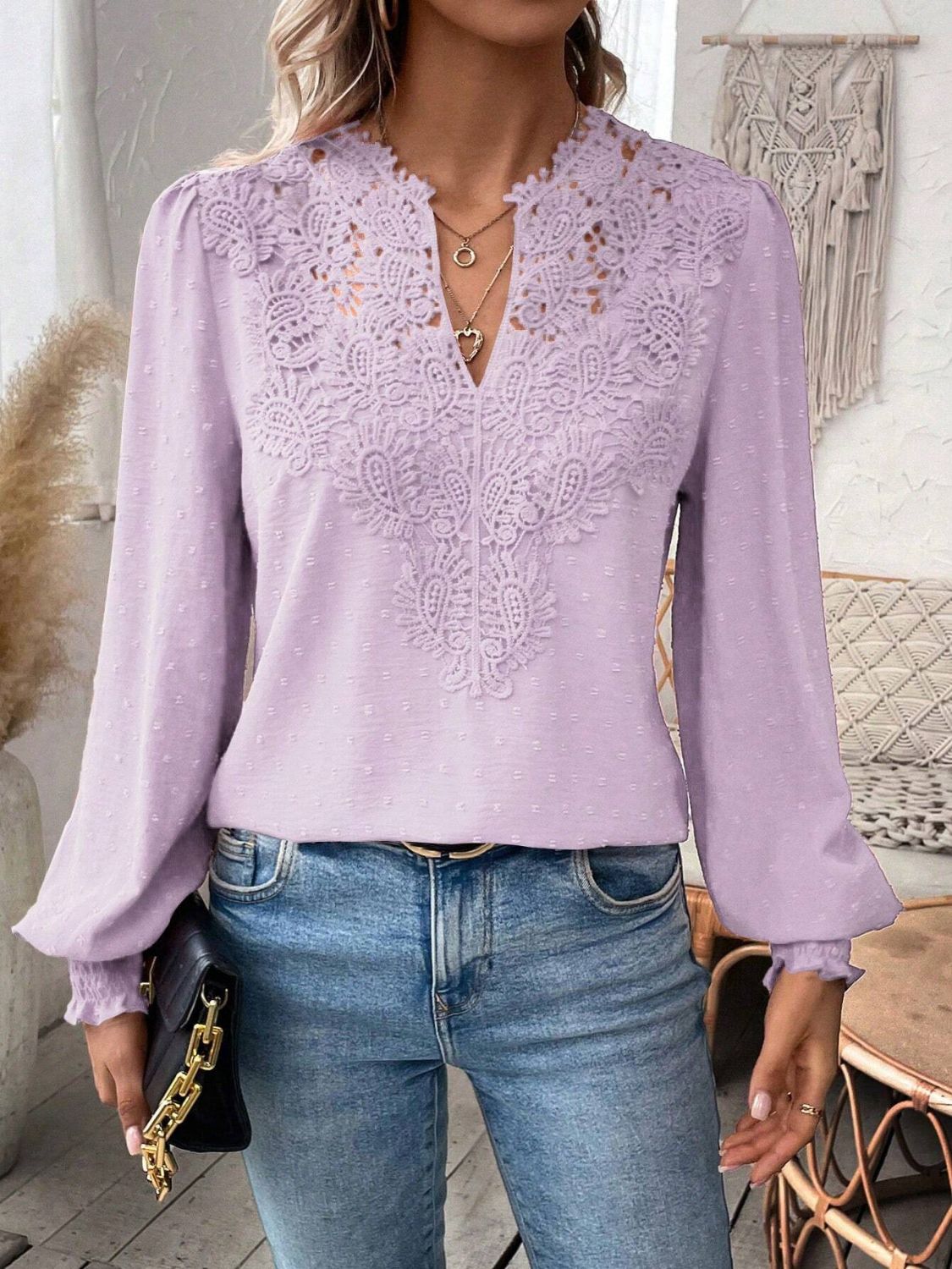 Swiss Dot Lace Detail Notched Long Sleeve Blouse-TOPS / DRESSES-[Adult]-[Female]-Pink Purple-S-2022 Online Blue Zone Planet