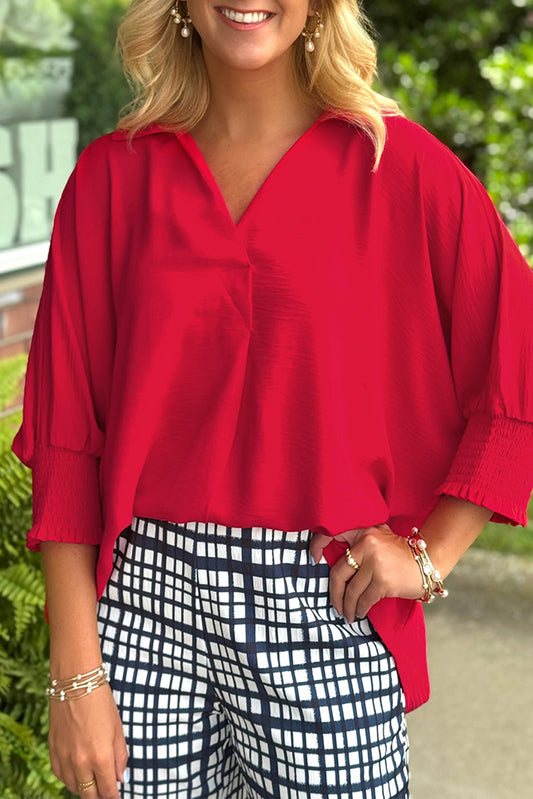 Fiery Red V Neck Collared Shirred 3/4 Sleeve Oversized Tunic Top-Tops/Blouses & Shirts-[Adult]-[Female]-Fiery Red-S-2022 Online Blue Zone Planet