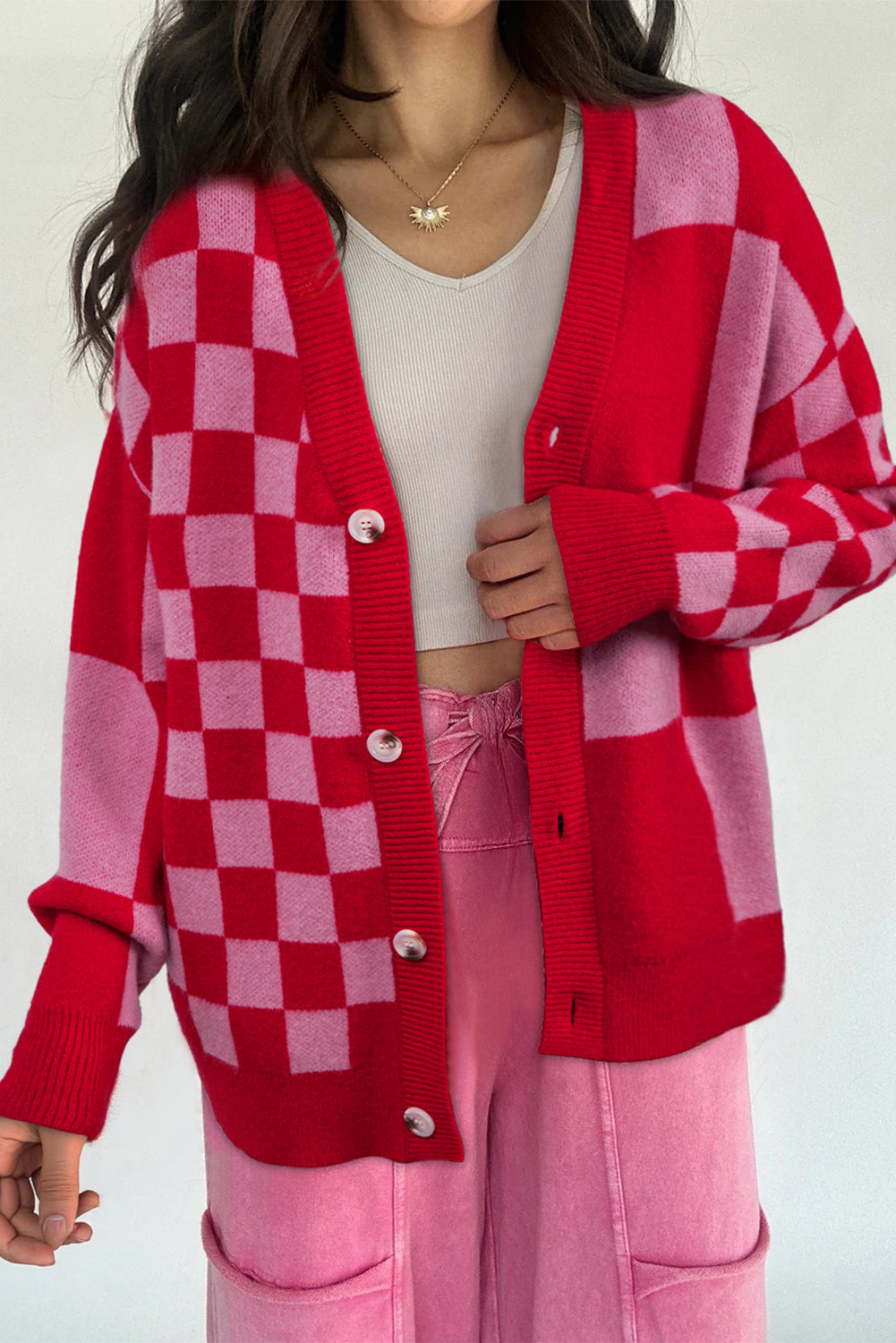 Fiery Red Mixed Plaid Relaxed Sweater Cardigan-Sweaters & Cardigans/Cardigans-[Adult]-[Female]-Fiery Red-S-2022 Online Blue Zone Planet