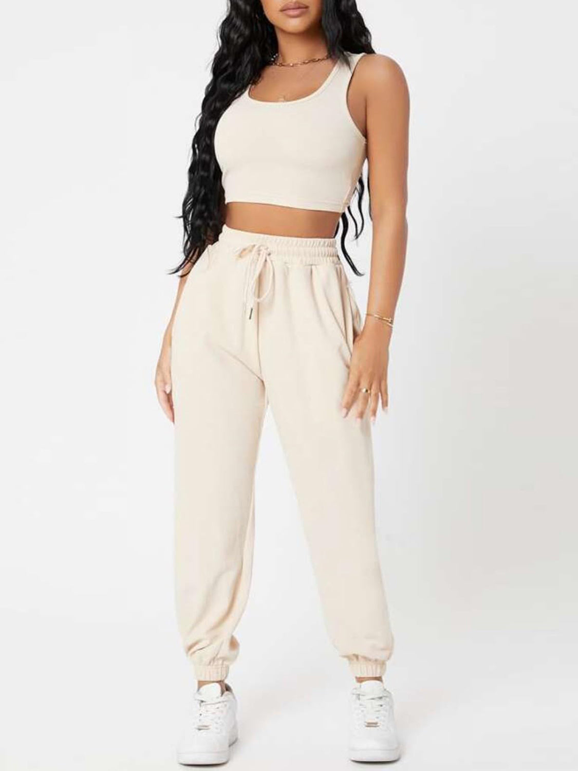 Wide Strap Top and Drawstring Joggers Set-TOPS / DRESSES-[Adult]-[Female]-Cream-S-2022 Online Blue Zone Planet