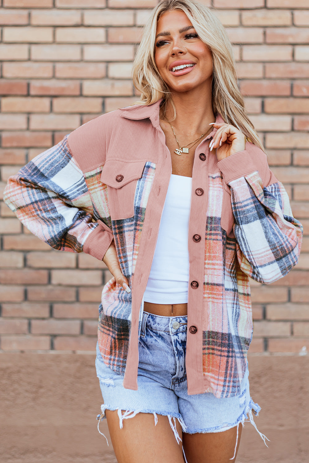 Cinnamon Plaid Corduroy Patchwork Chest Pocket Shacket-Outerwear/Plaid Shackets-[Adult]-[Female]-Light Pink-S-2022 Online Blue Zone Planet